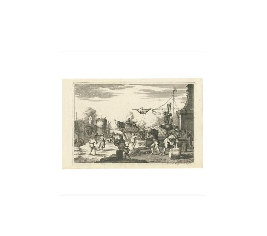 Antigua Vista del puerto sin título (ii) de J. Wolff, hacia 1730 en Bueno estado para la venta en Langweer, NL