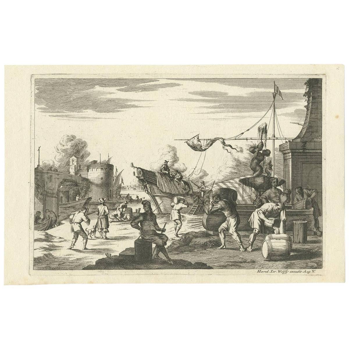 Antique Untitled Harbour View (ii) by J. Wolff, circa 1730