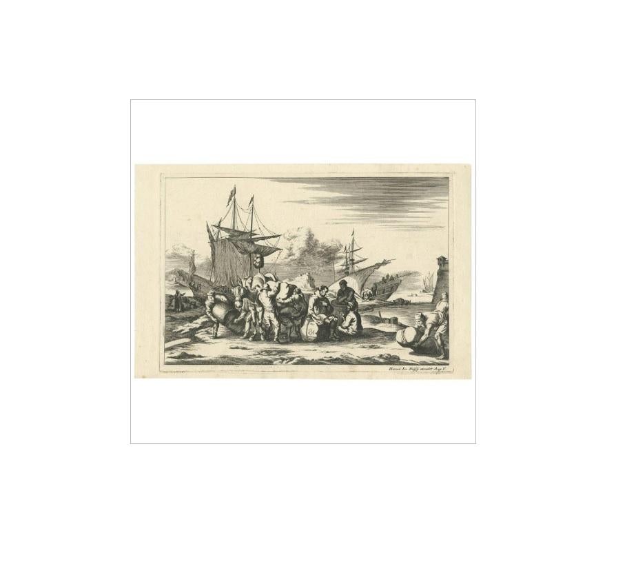 Antique Untitled Harbour View (III) by J. Wolff 'circa 1730' In Good Condition For Sale In Langweer, NL