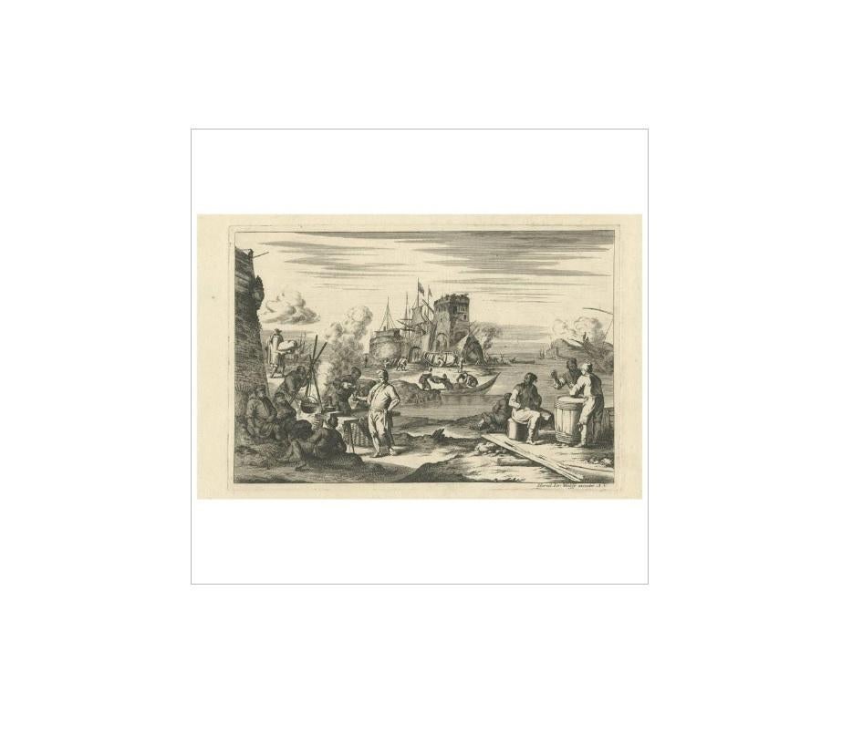 Untitled print. This print depicts a harbour scene with several figures and ships. Reads 'Haered. Ier. Wolffij excudit A. V.'. Source unknown, to be determined.