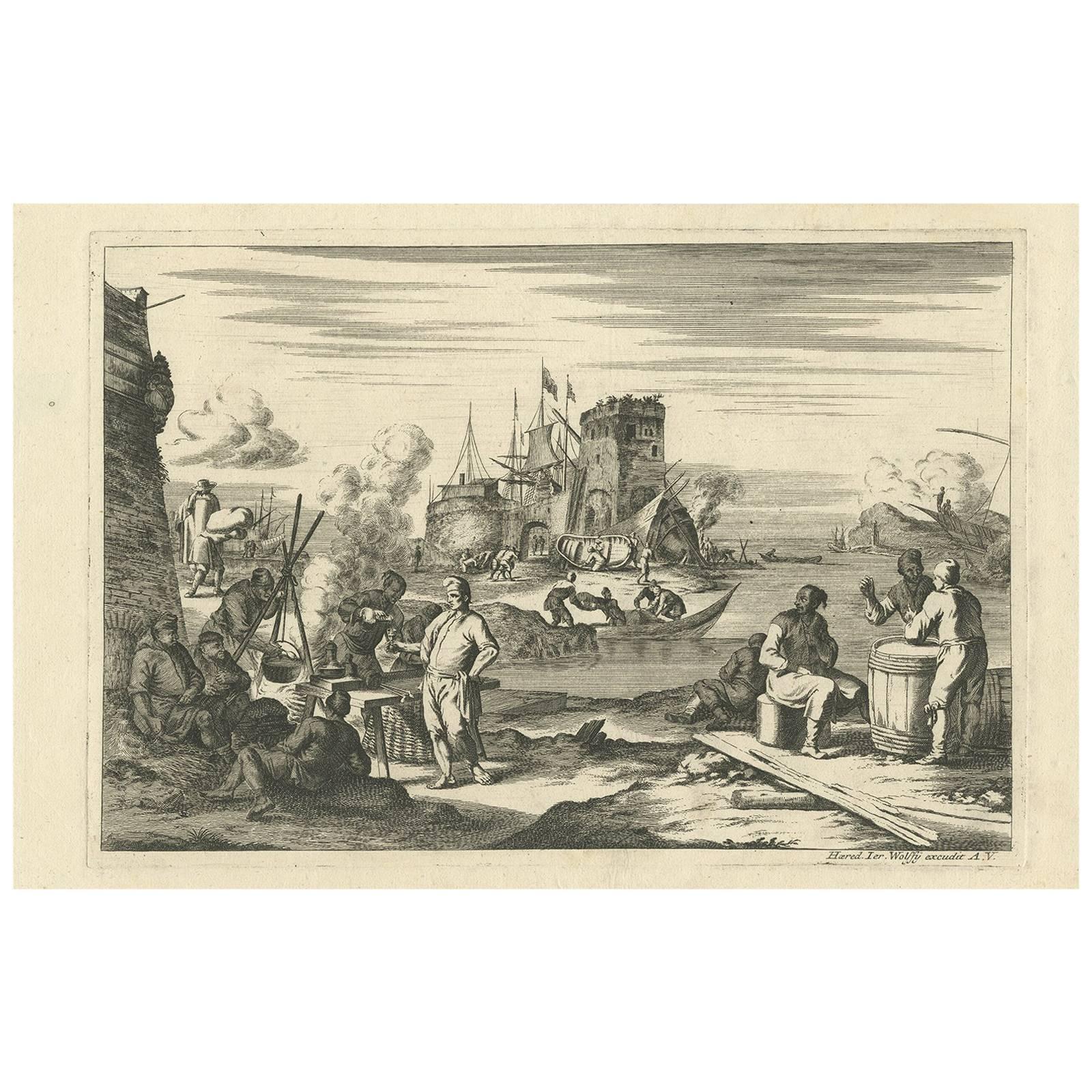 Antike, unbetitelte Hafenansicht „IV“ von J. Wolff, um 1730