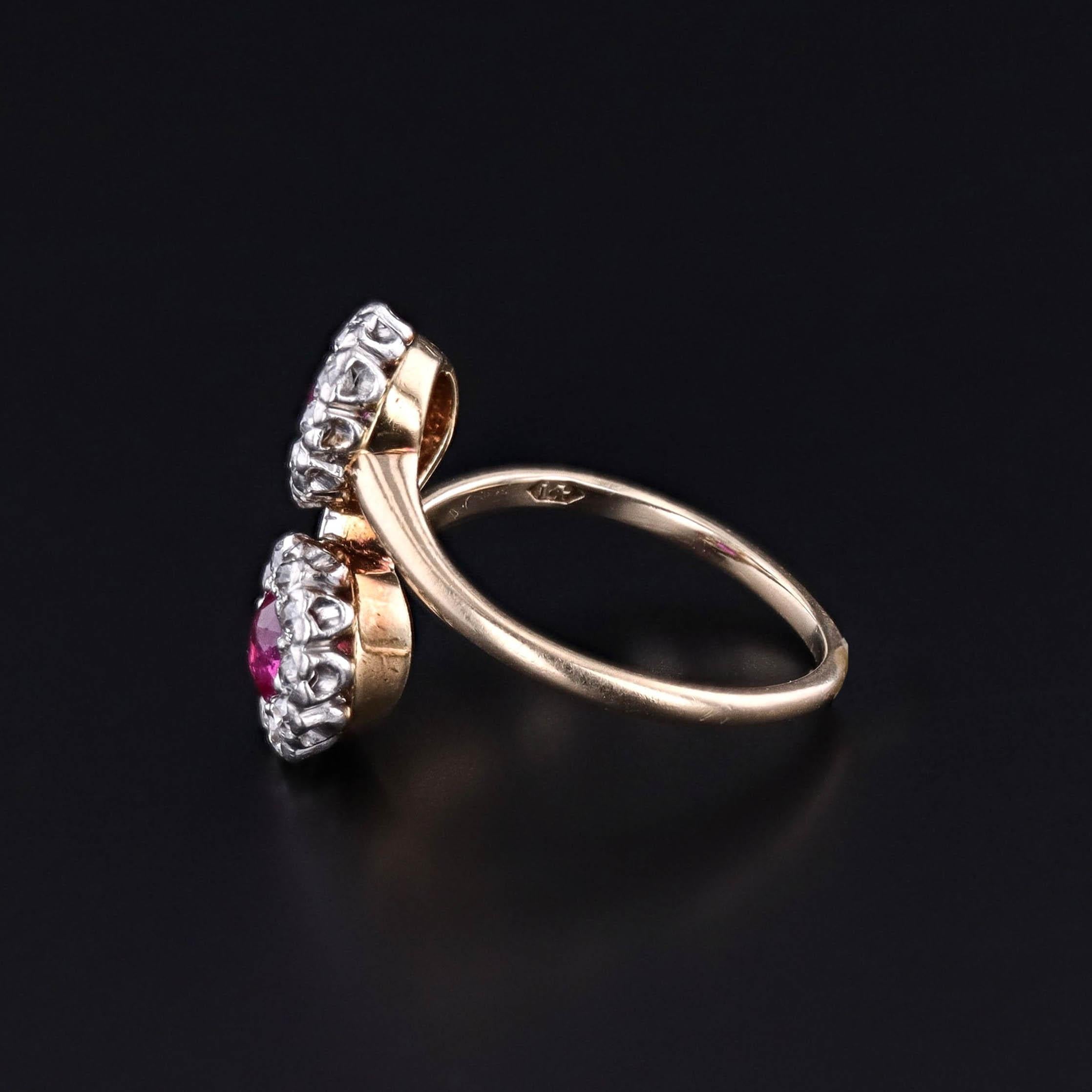 Edwardian Antique Untreated Natural Antique Untreated Natural Ruby and Diamond Bypass Ring For Sale