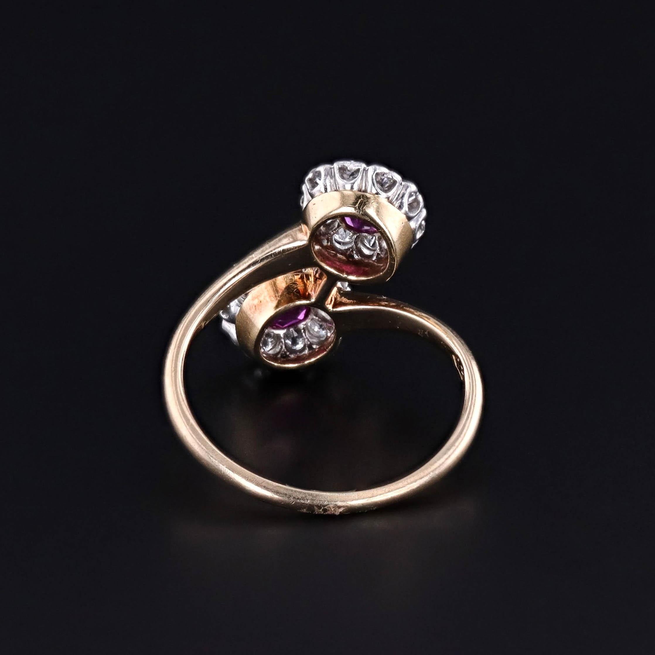 Round Cut Antique Untreated Natural Antique Untreated Natural Ruby and Diamond Bypass Ring For Sale