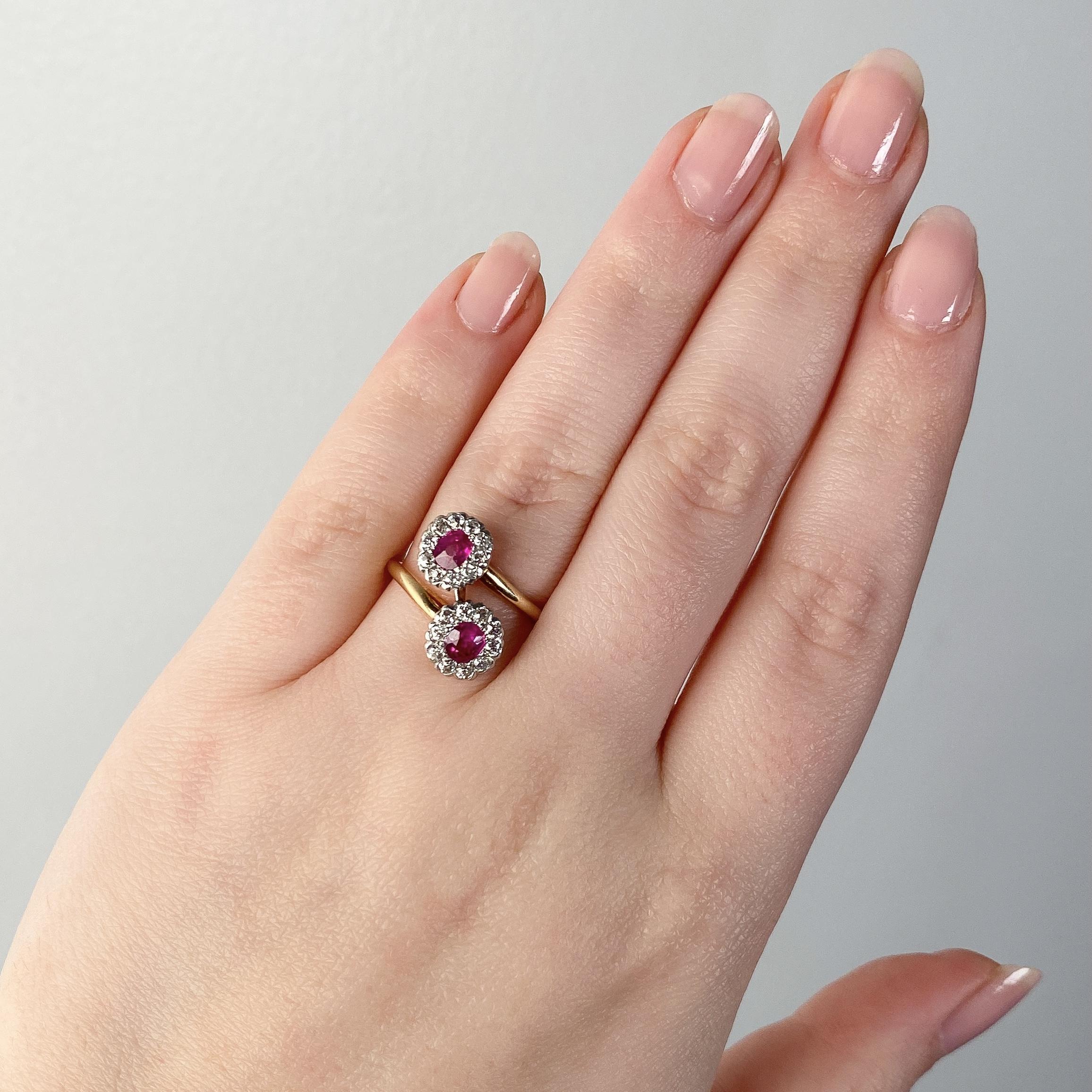 Women's Antique Untreated Natural Antique Untreated Natural Ruby and Diamond Bypass Ring For Sale