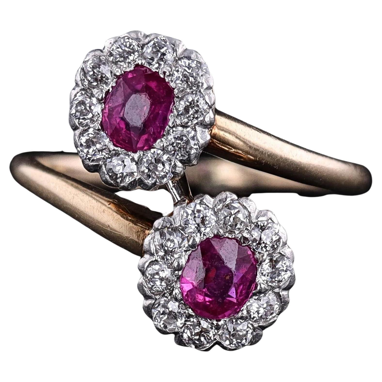 Antique Untreated Natural Antique Untreated Natural Ruby and Diamond Bypass Ring For Sale