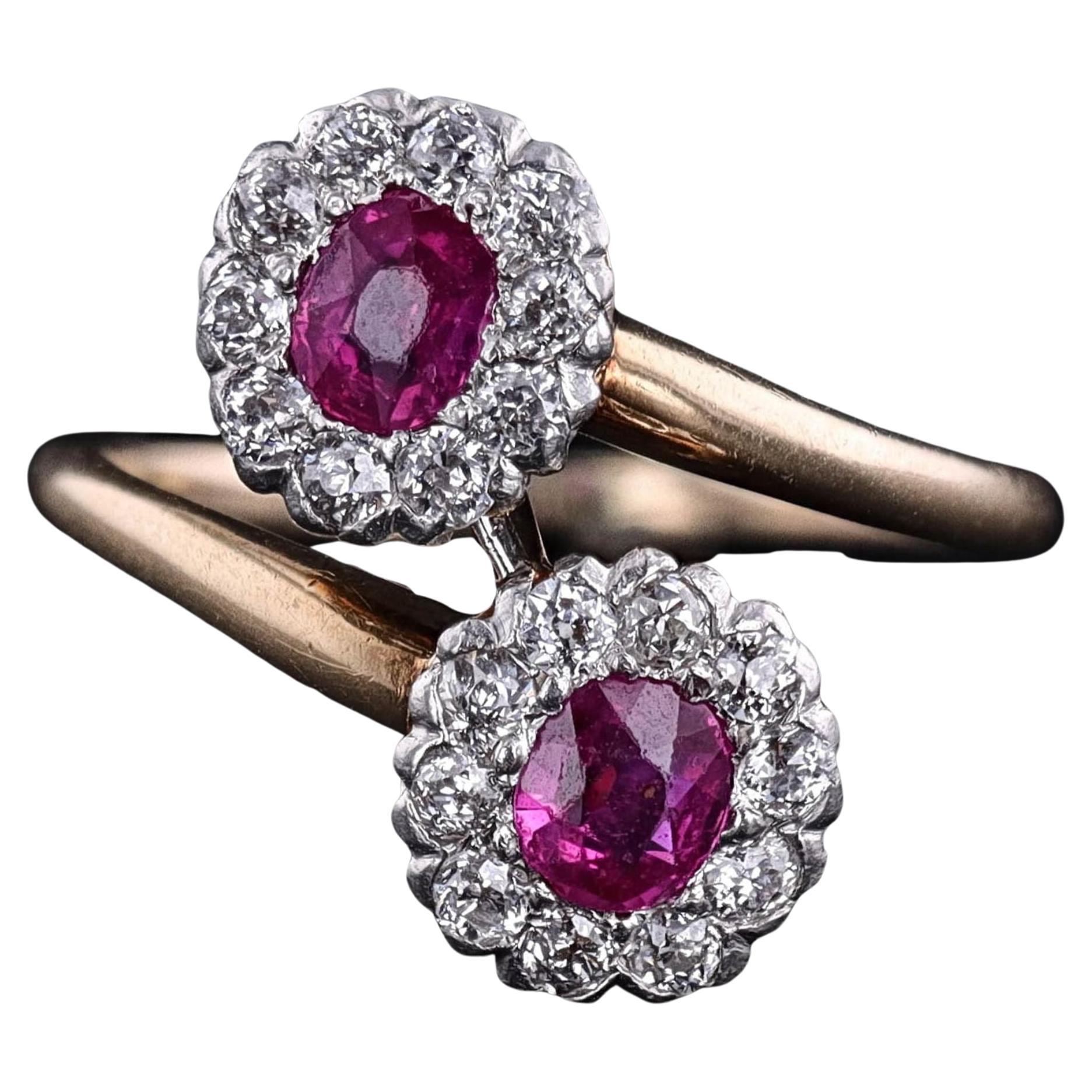 Bague bypass ancienne en rubis naturel non traité et diamants