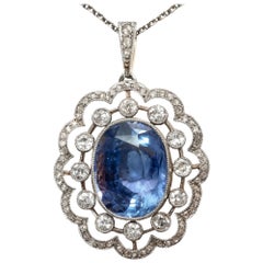 Antique Untreated No Heat 9.0 Ct Sapphire Diamonds Pendant Necklace, circa 1910