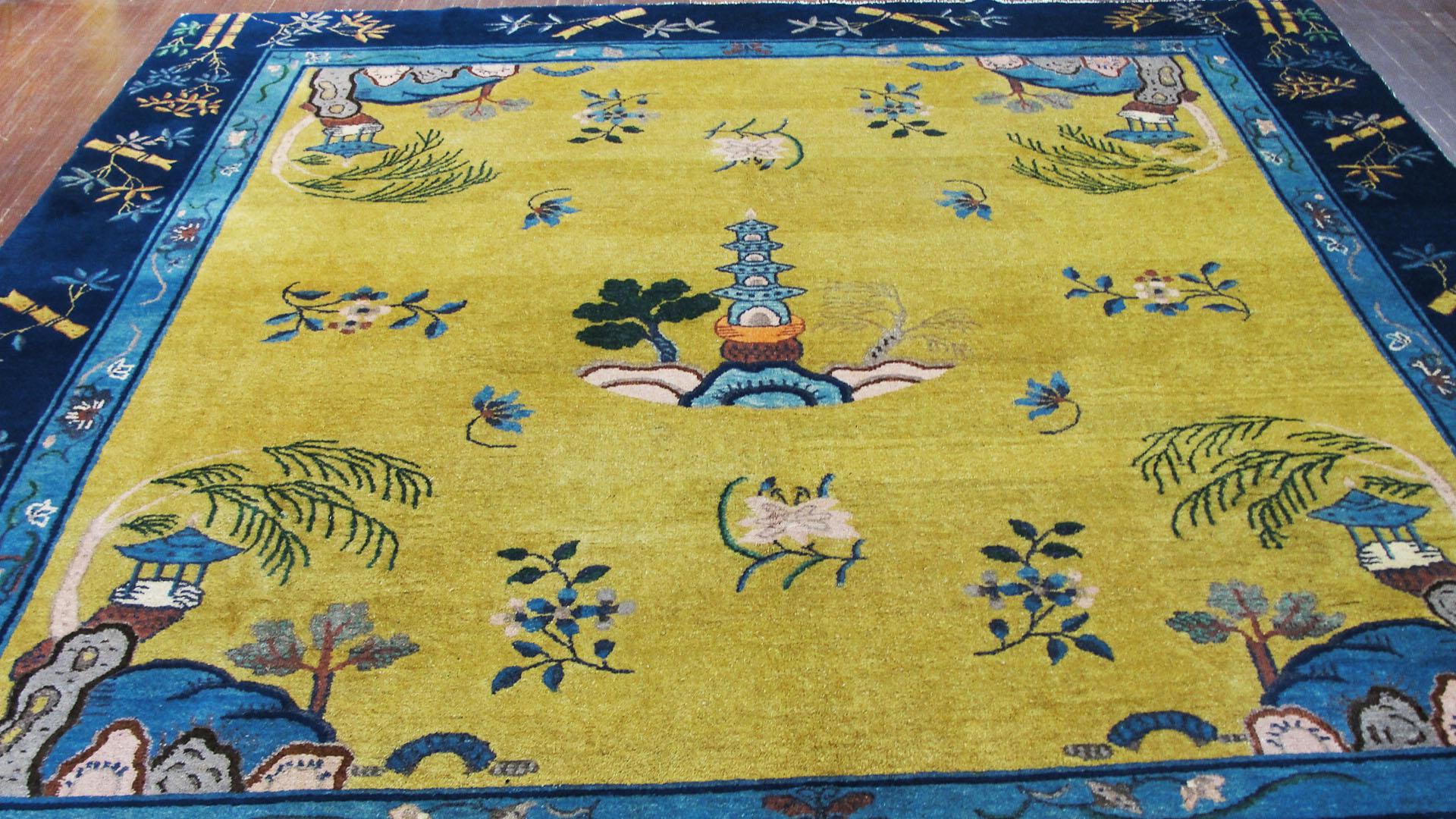 Hand-Knotted Antique Unusual Art Deco Chinese Carpet