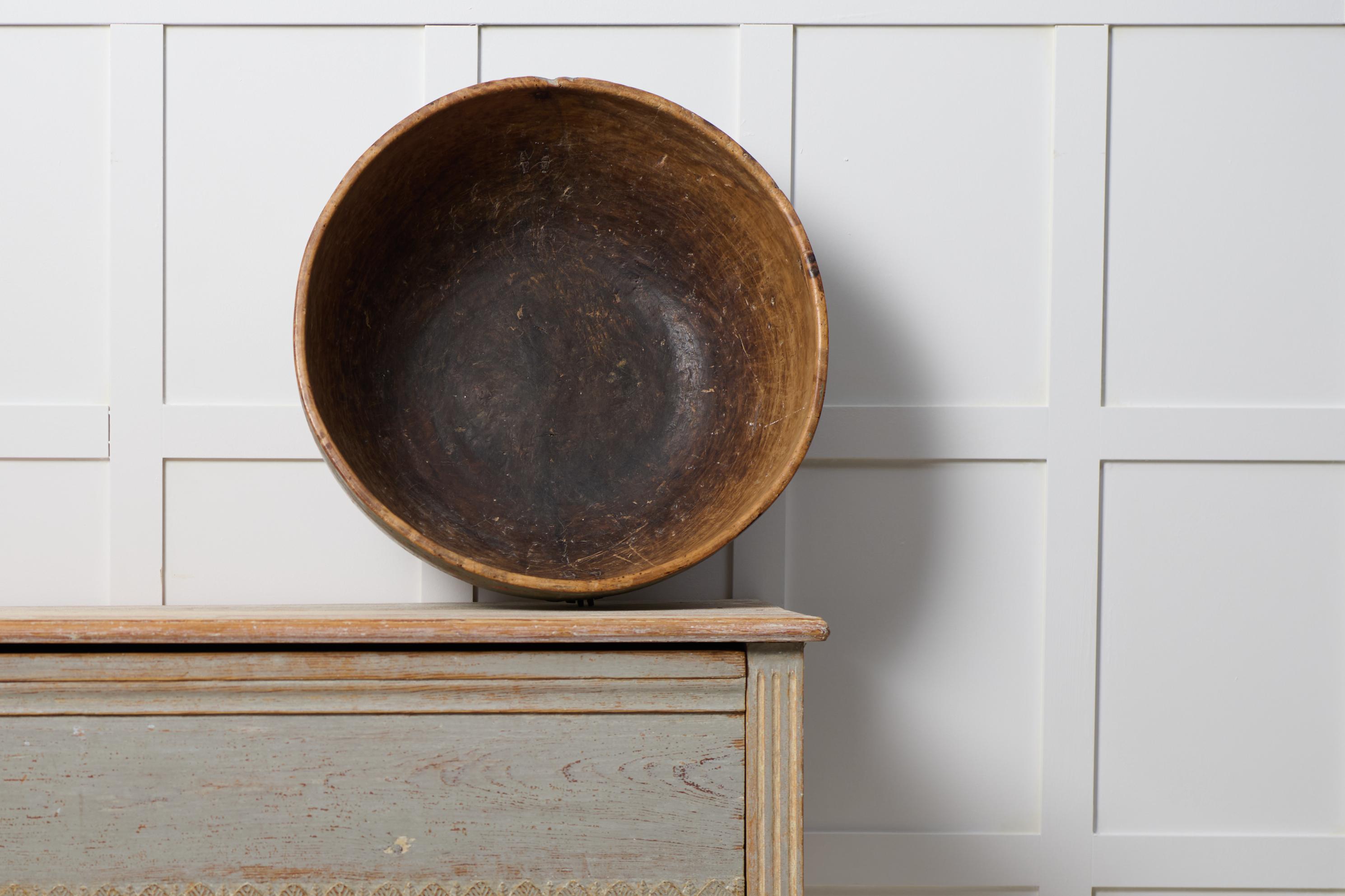 Folk Art Antique Unusually Large Wooden Bowl, Swedish Handmade with Original Hardware For Sale