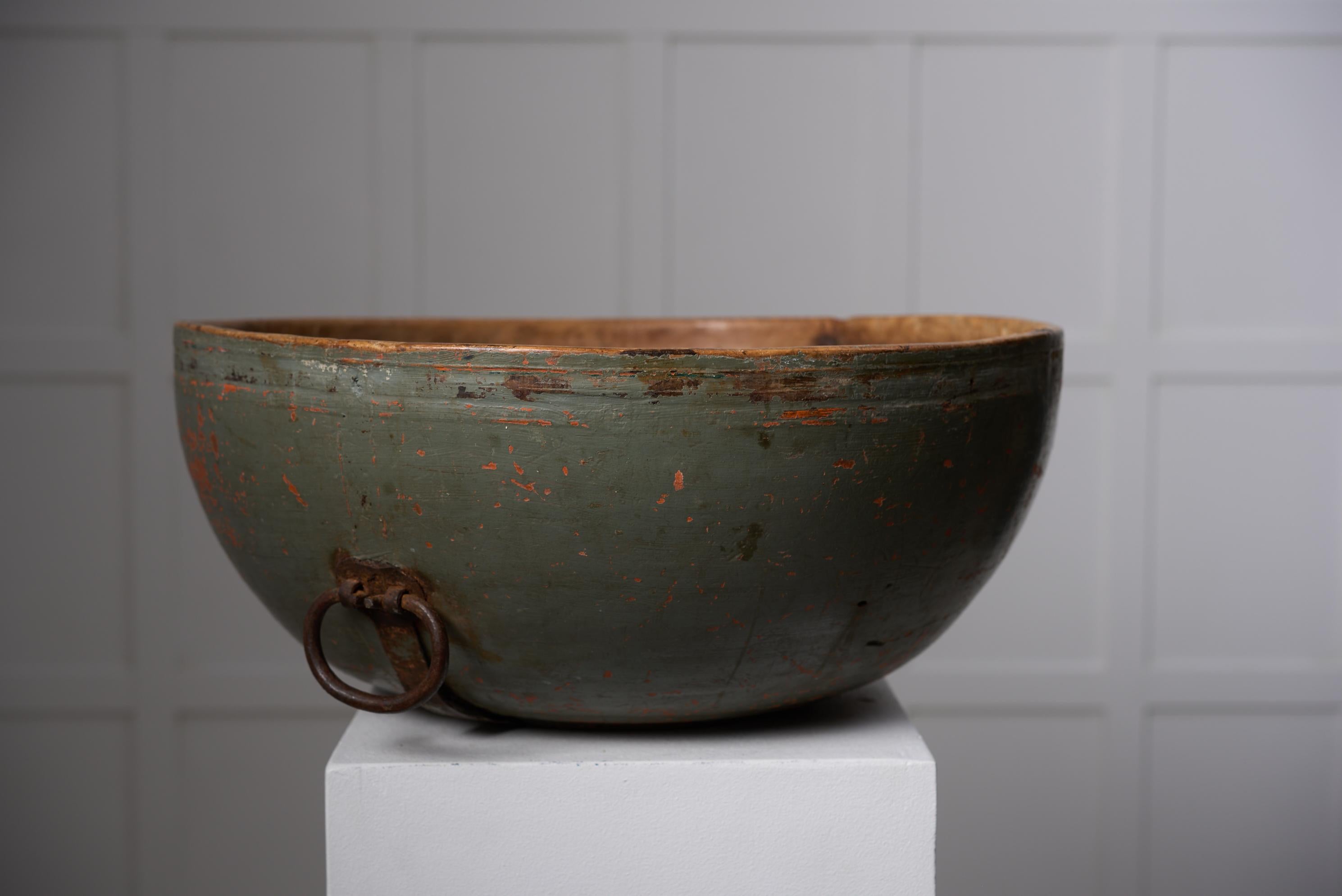 Pine Antique Unusually Large Wooden Bowl, Swedish Handmade with Original Hardware For Sale