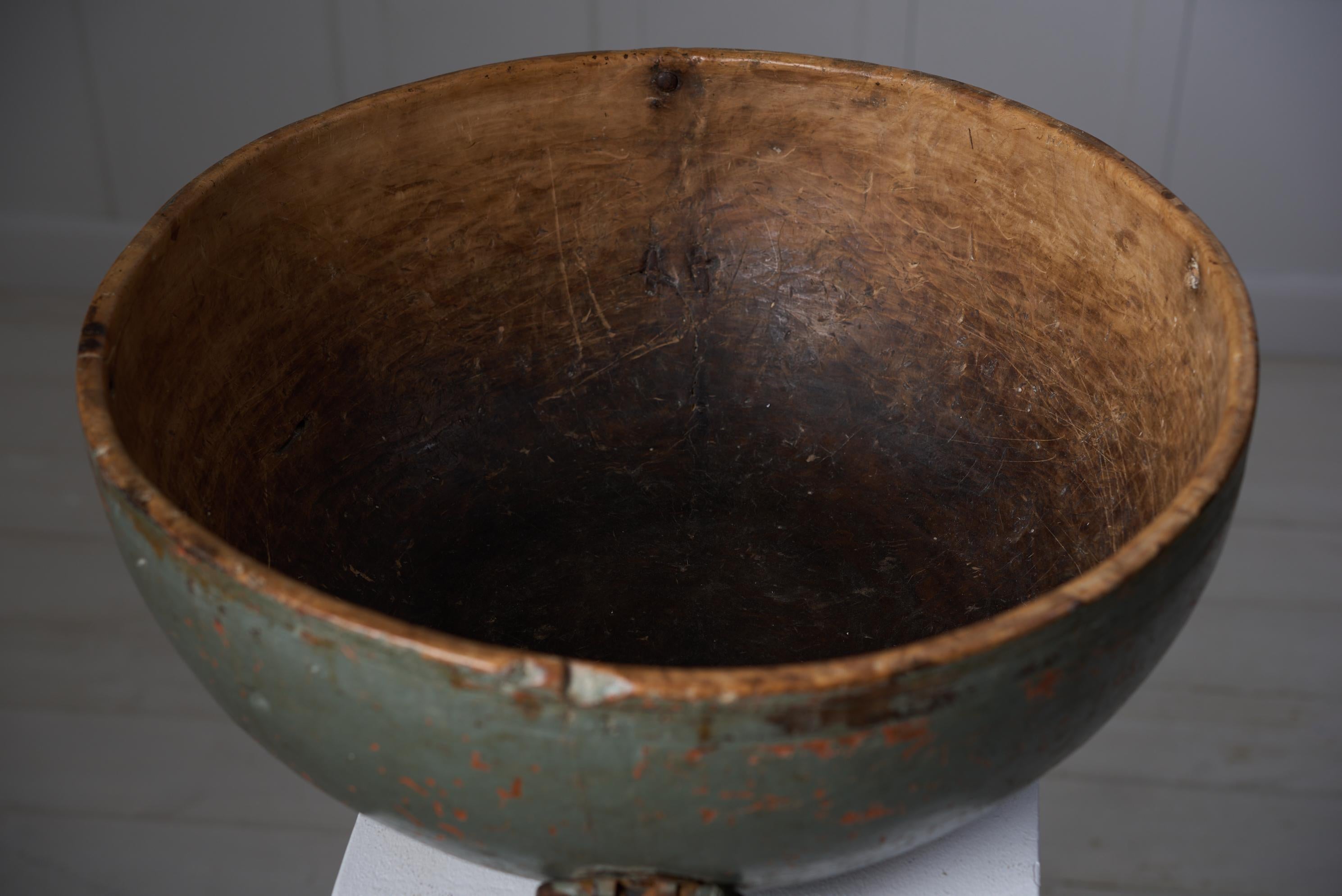 Antique Unusually Large Wooden Bowl, Swedish Handmade with Original Hardware For Sale 1