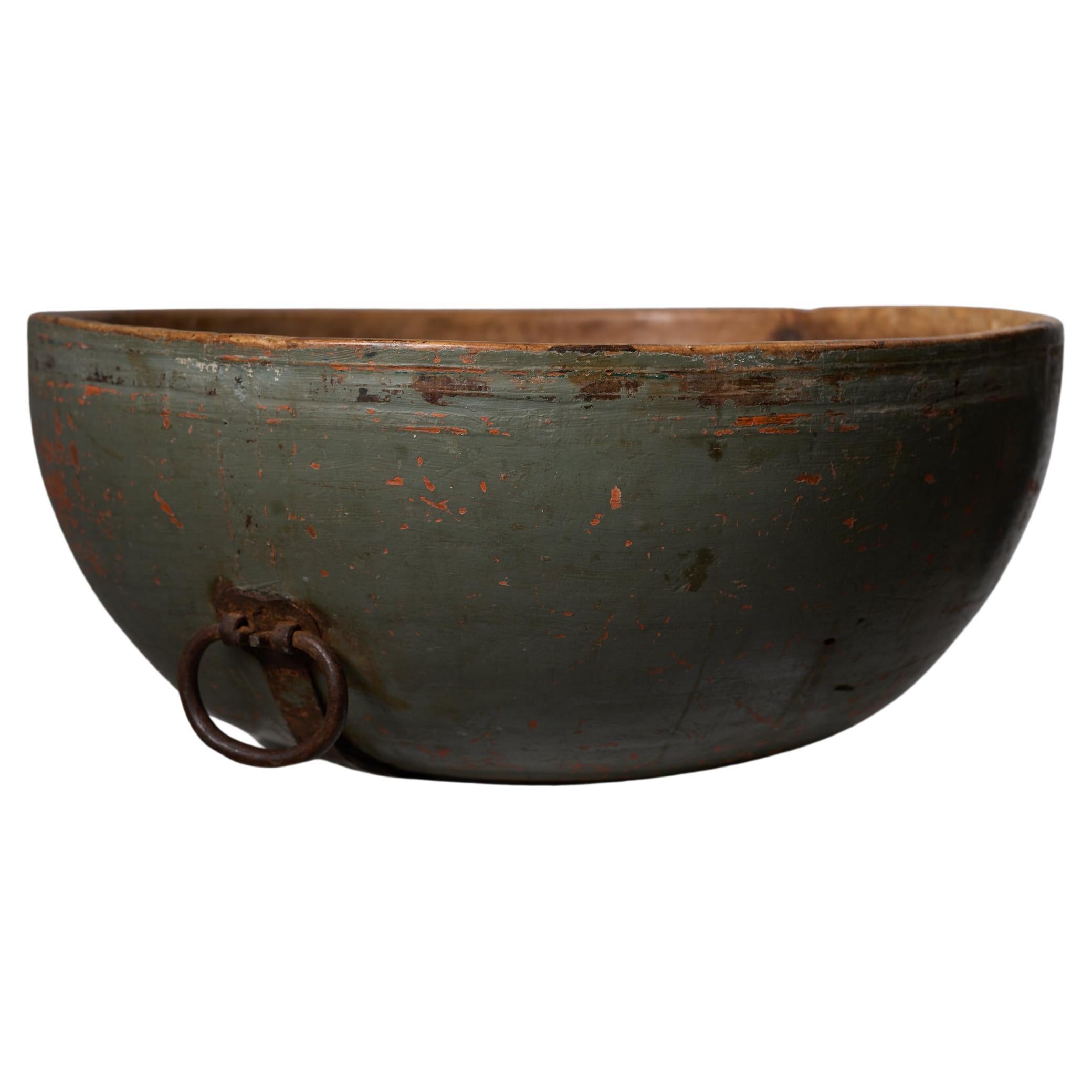 Antique Unusually Large Wooden Bowl, Swedish Handmade with Original Hardware For Sale