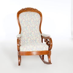 Antique Upholstered Carved Walnut Lincoln Rocking Chair 19th C