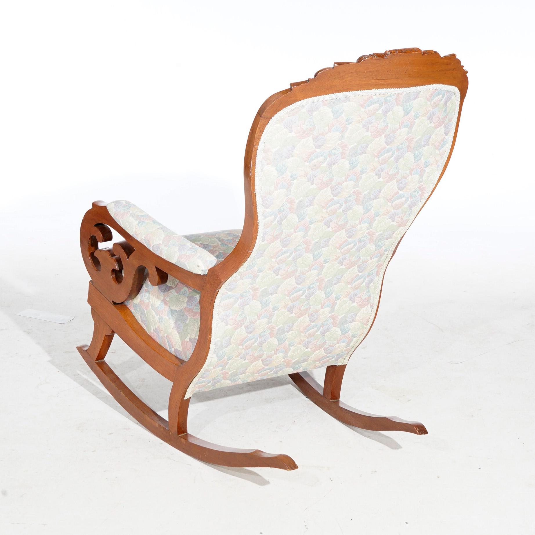 Antique Upholstered Carved Walnut Lincoln Rocking Chair 19th C