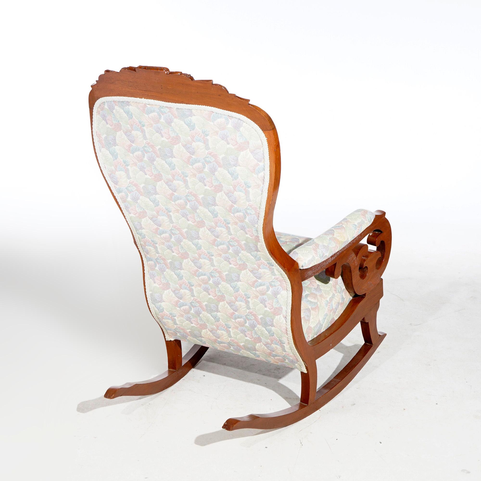 Antique Upholstered Carved Walnut Lincoln Rocking Chair 19th C In Good Condition For Sale In Big Flats, NY