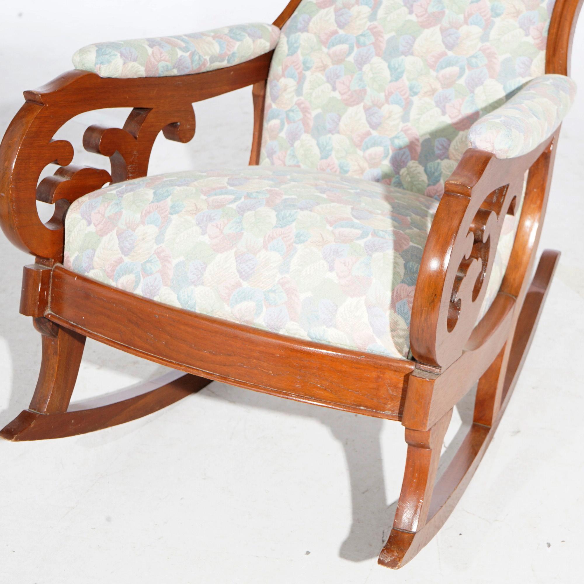 Upholstery Antique Upholstered Carved Walnut Lincoln Rocking Chair 19th C For Sale