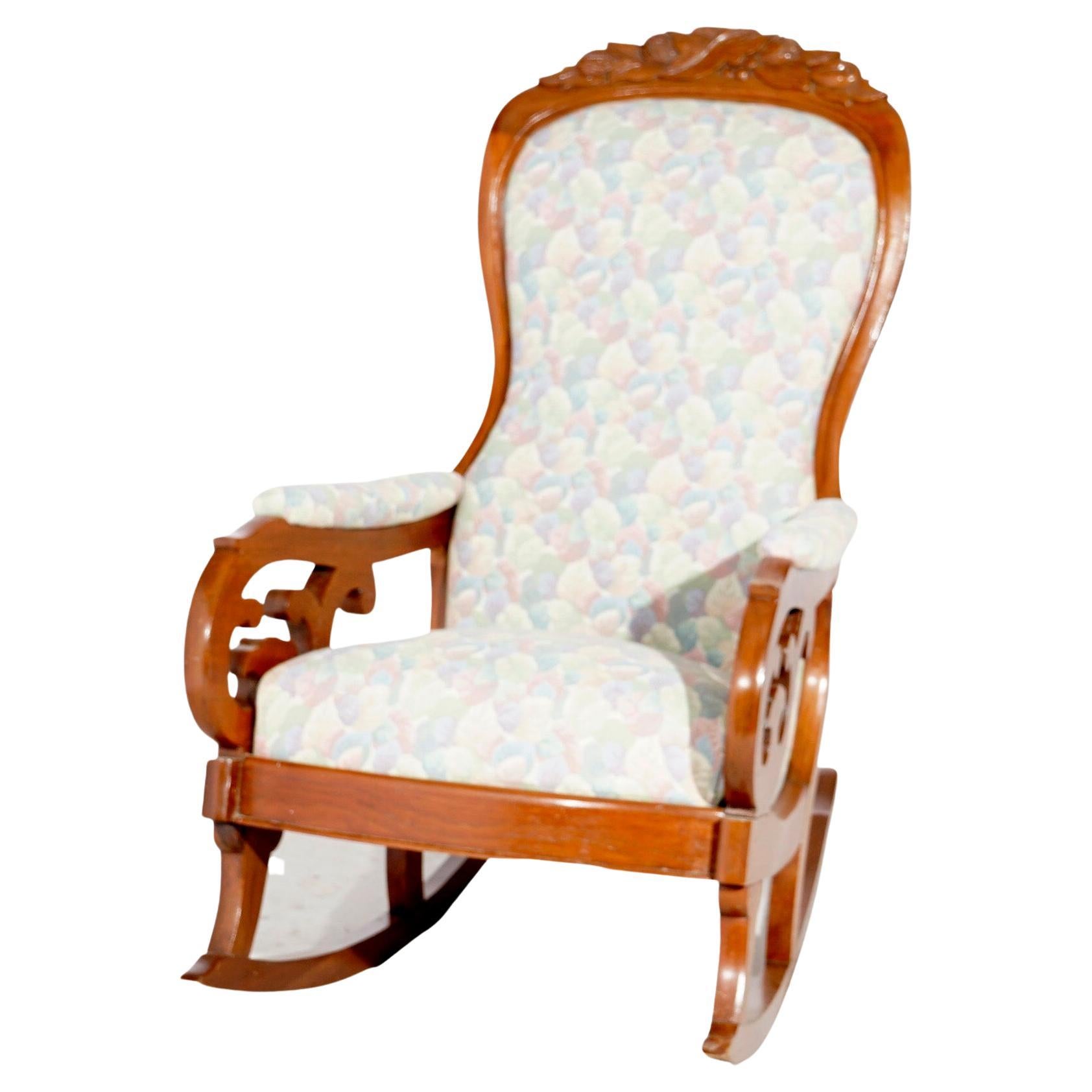 Antique Upholstered Carved Walnut Lincoln Rocking Chair 19th C For Sale