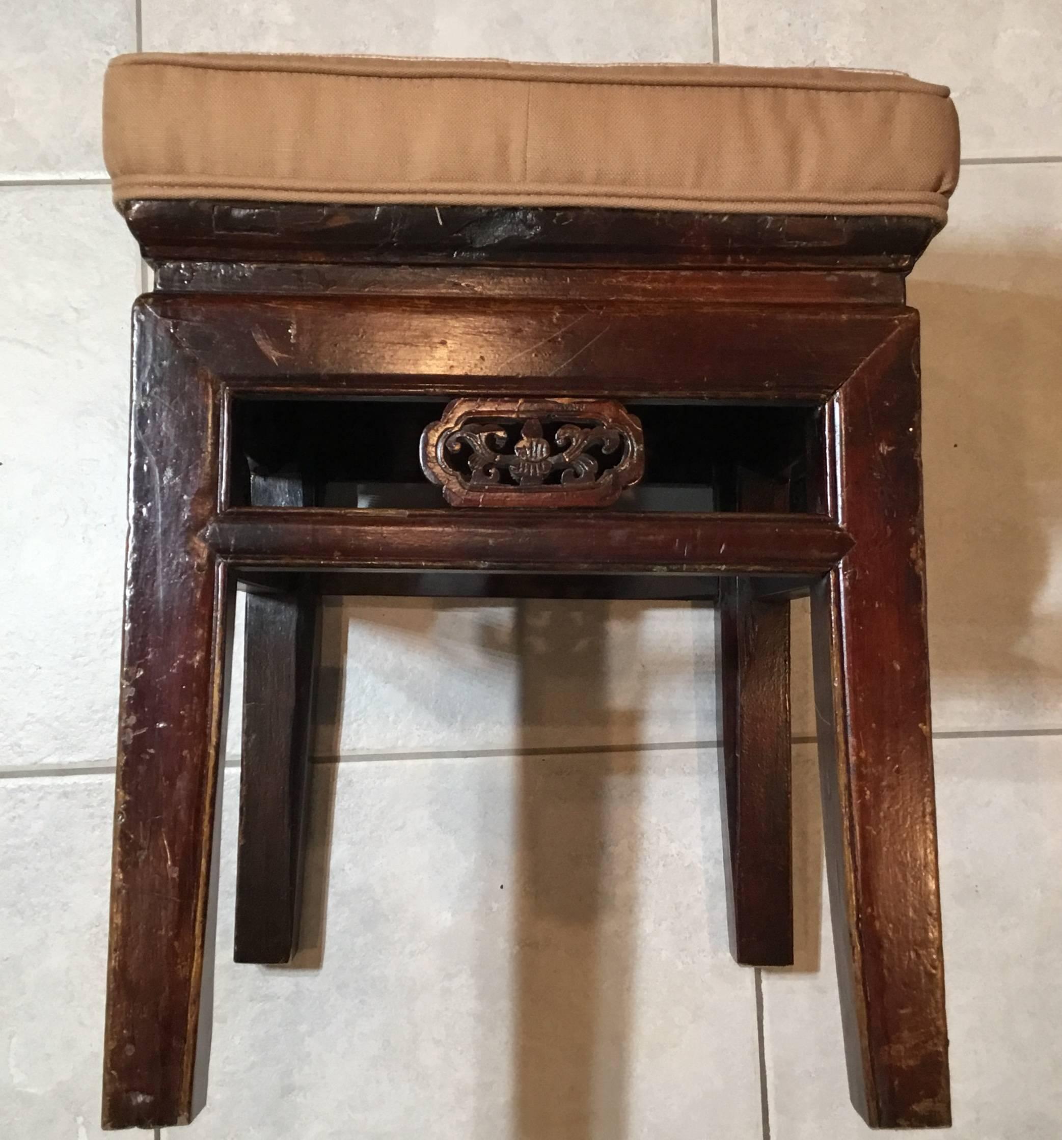 Wood Antique Upholstered Chinese  Stool