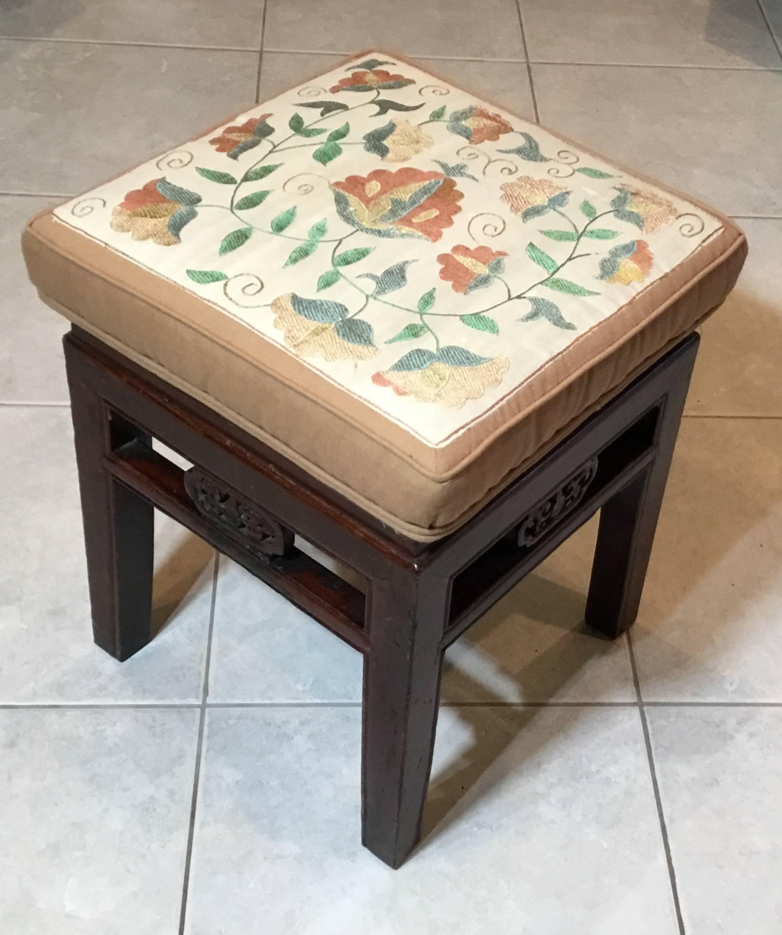 Antique Upholstered Chinese  Stool 1