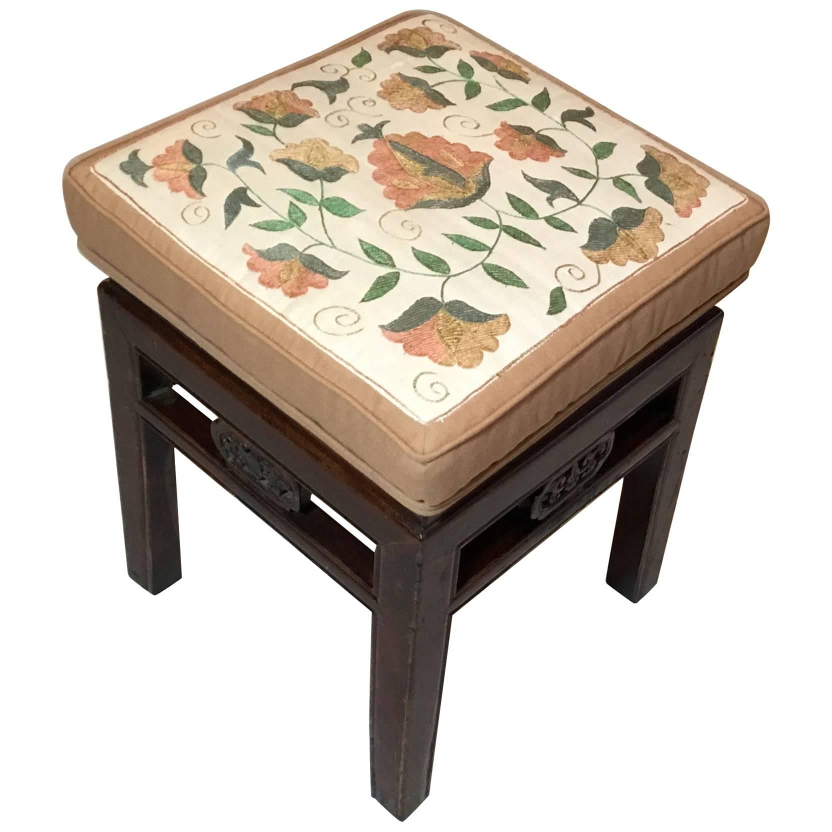 Antique Upholstered Chinese  Stool