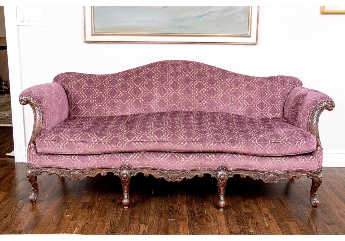 Antique Upholstered Chippendale Style Carved Mahogany Camel Back Sofa en vente 4