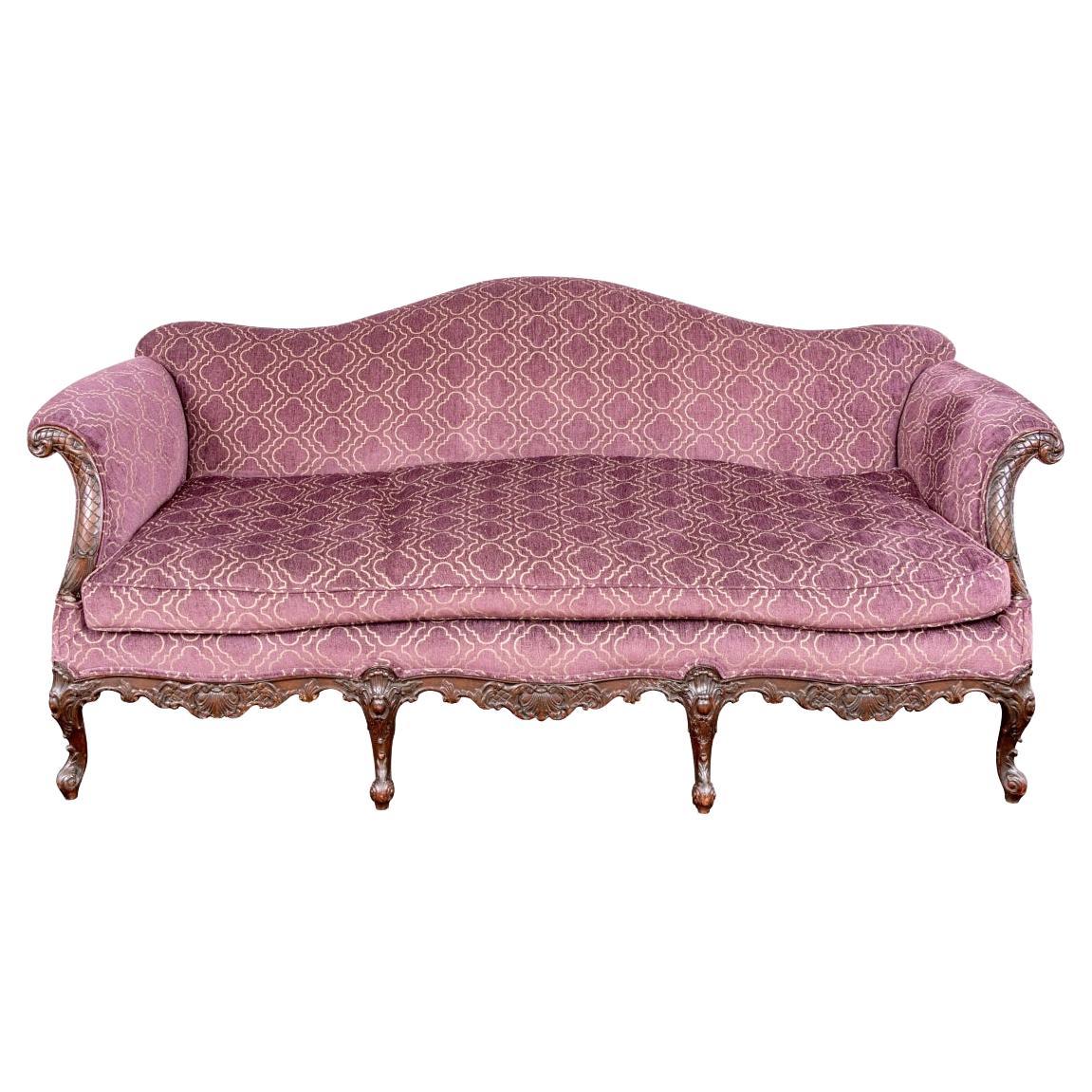 Antique Upholstered Chippendale Style Carved Mahogany Camel Back Sofa