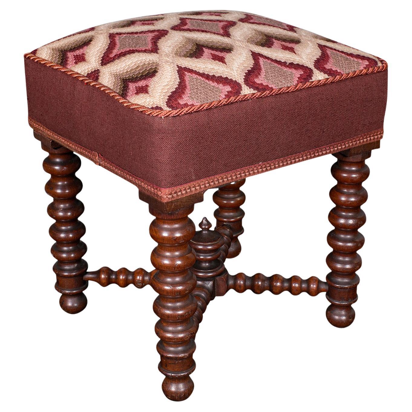 Antico sgabello imbottito, inglese, sgabello da salotto, vittoriano, 1850