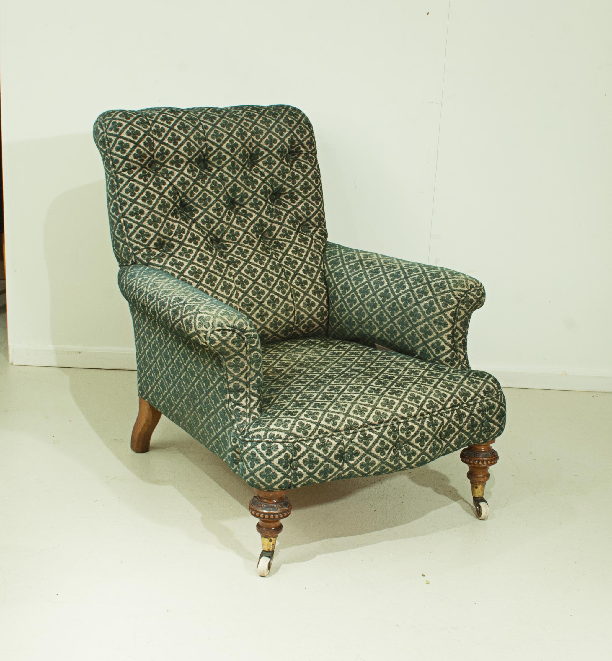 Victorian Antique Upholstered Howard Style Button Armchair