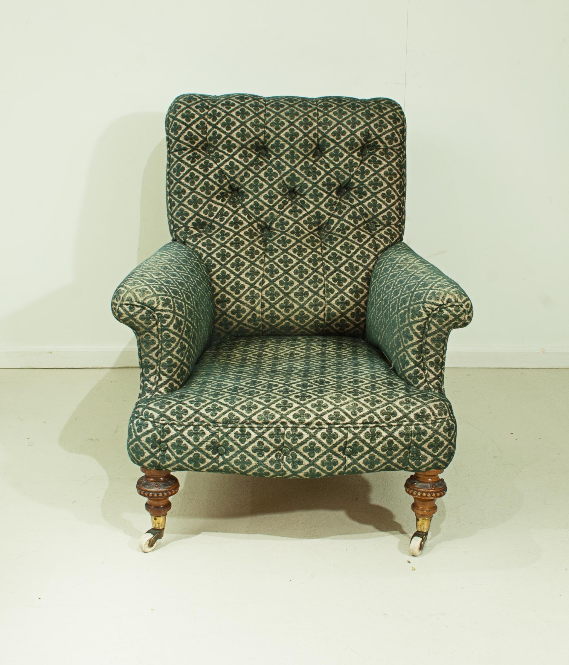 English Antique Upholstered Howard Style Button Armchair