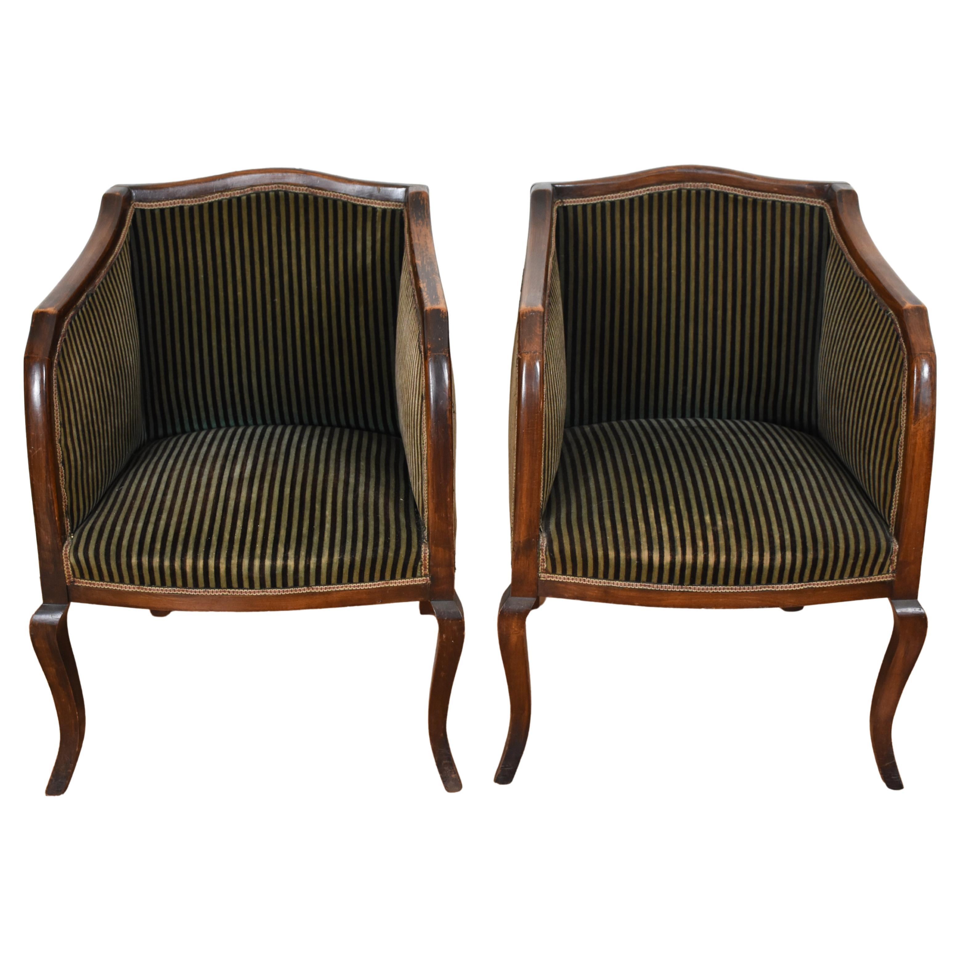Antikes gepolstertes Stuhlpaar aus dunkelgrün gestreiftem Samt