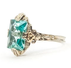 Bague florale en verre à l'uranium d'époque, en or blanc 14 carats