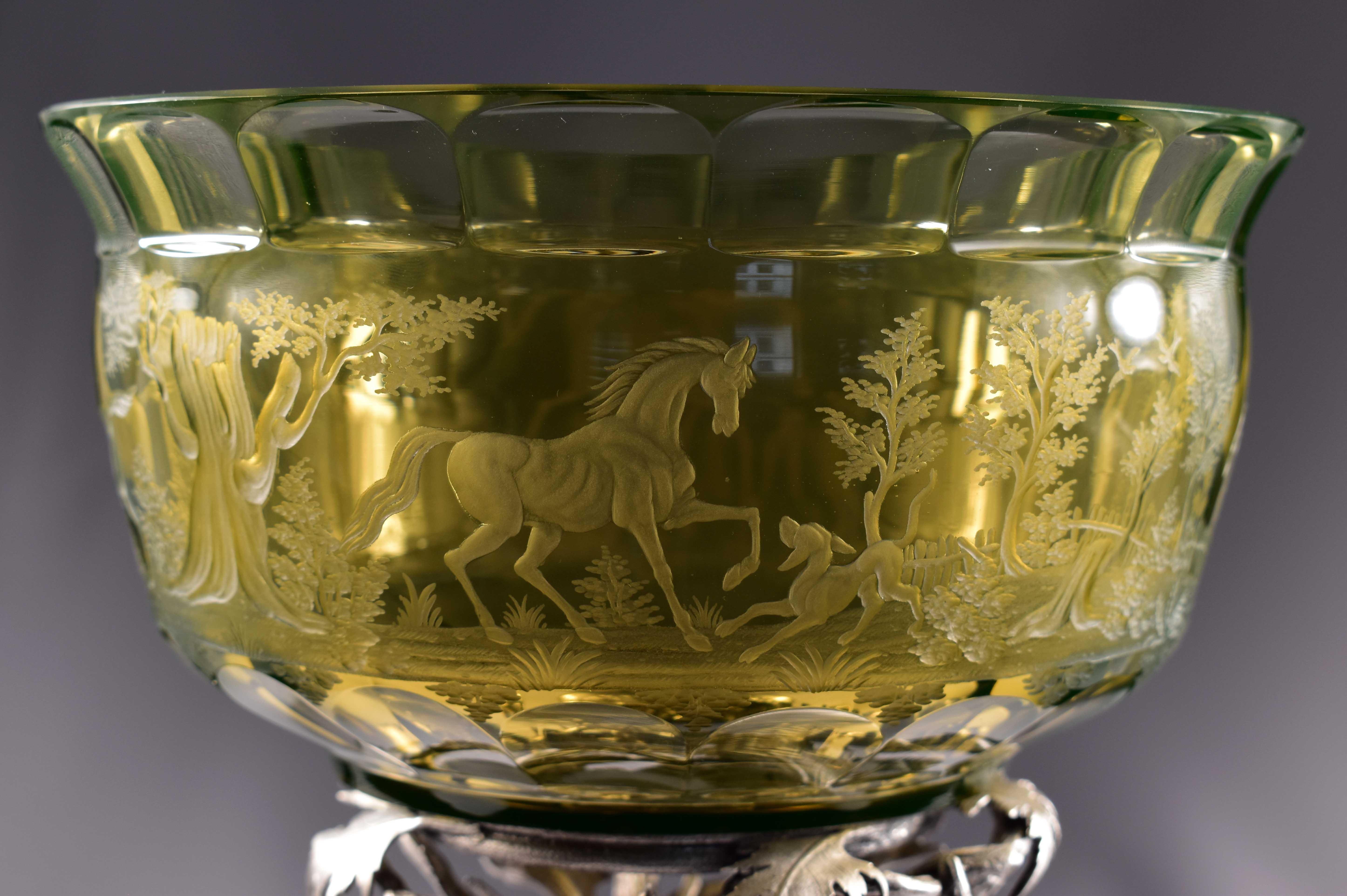 Antique Uranium Glass, Fruit Bowl, Horses, Alpaca-Silver For Sale 1