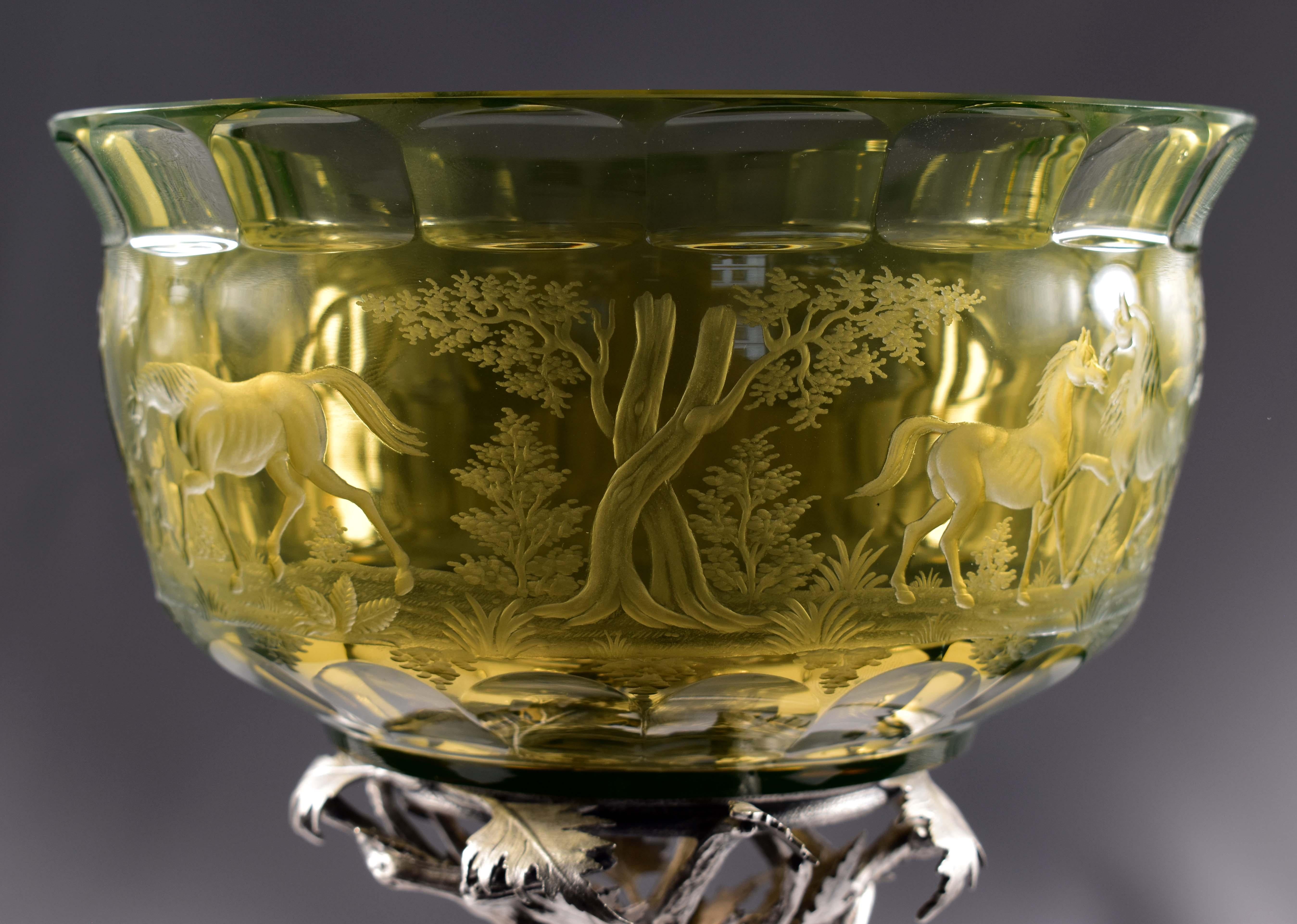 Antique Uranium Glass, Fruit Bowl, Horses, Alpaca-Silver For Sale 6