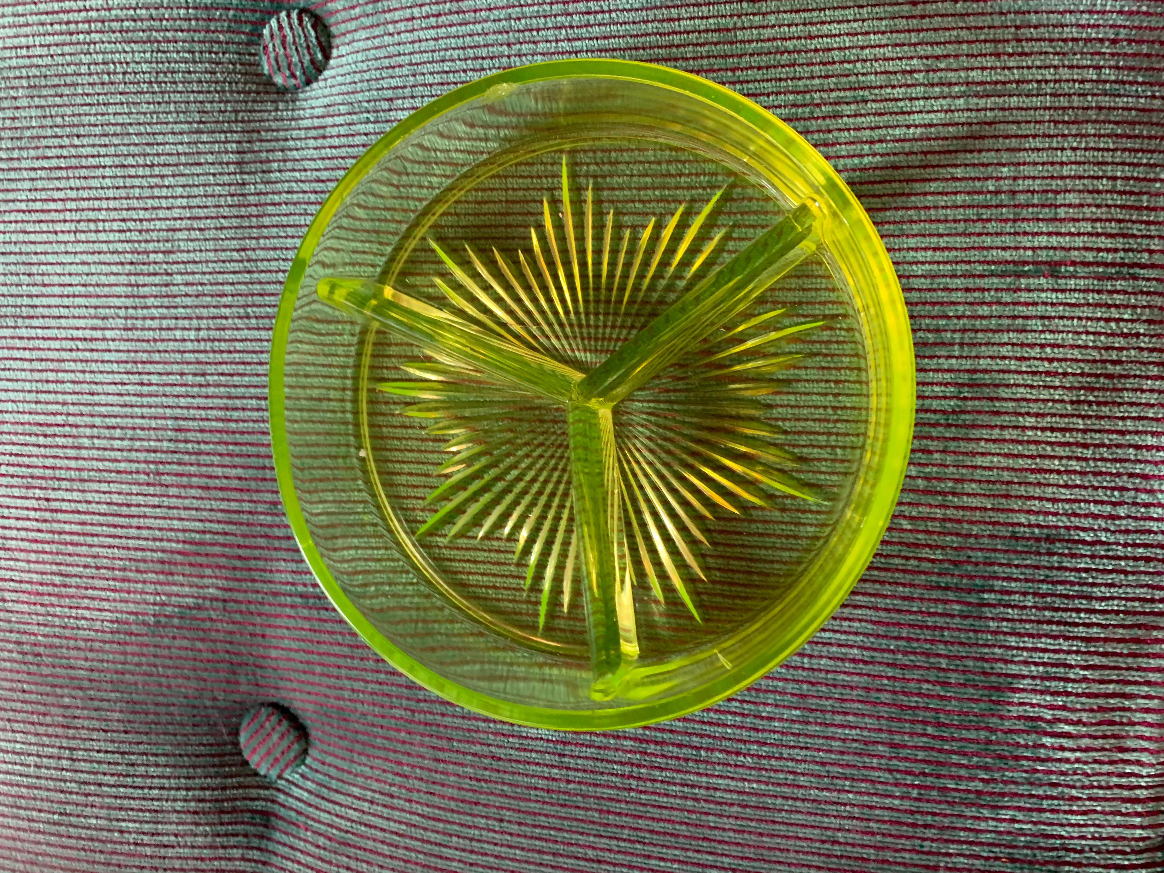 American Classical Antique Uranium Vaseline Depression Glass Tri-Partite Platter Server, 1920s
