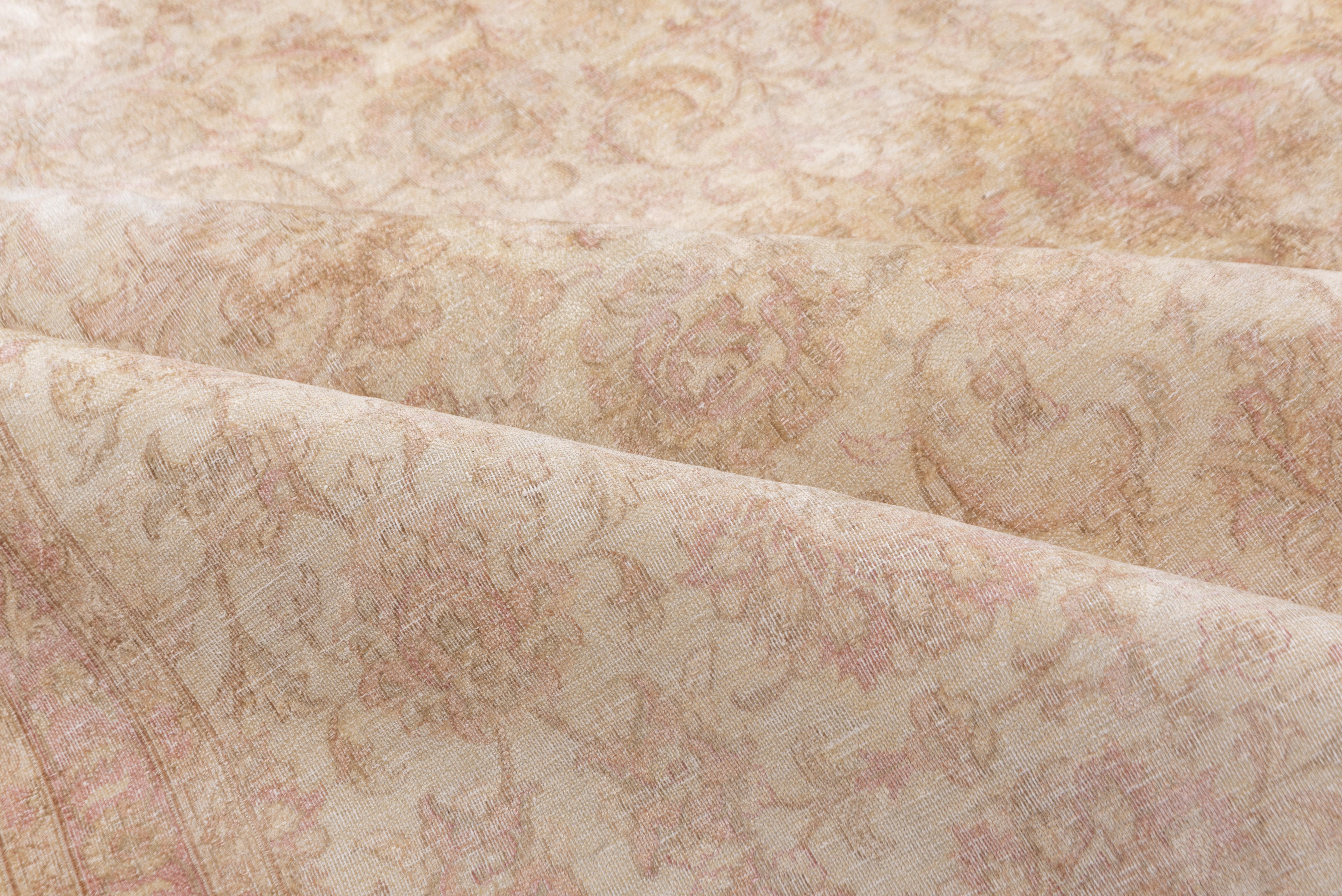 Hand-Knotted Antique Urban Silk Turkish Hereke Carpet, Pink Accents, Neutral Palette