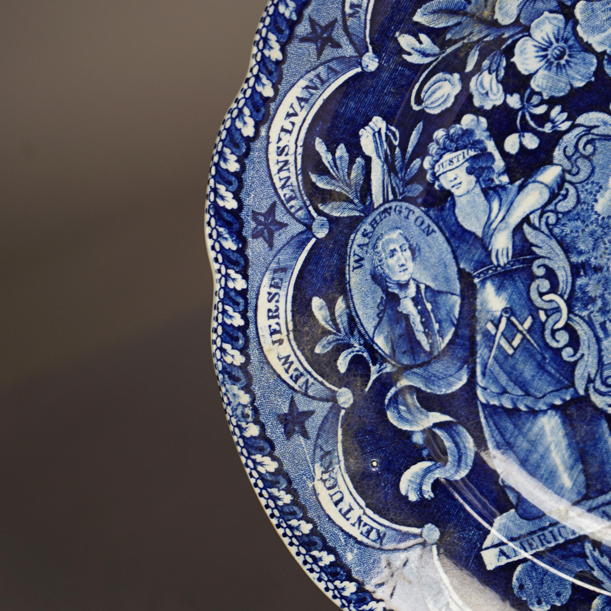 Antique US Historical Clews Pottery Flow Blue Platter 19th C For Sale 5