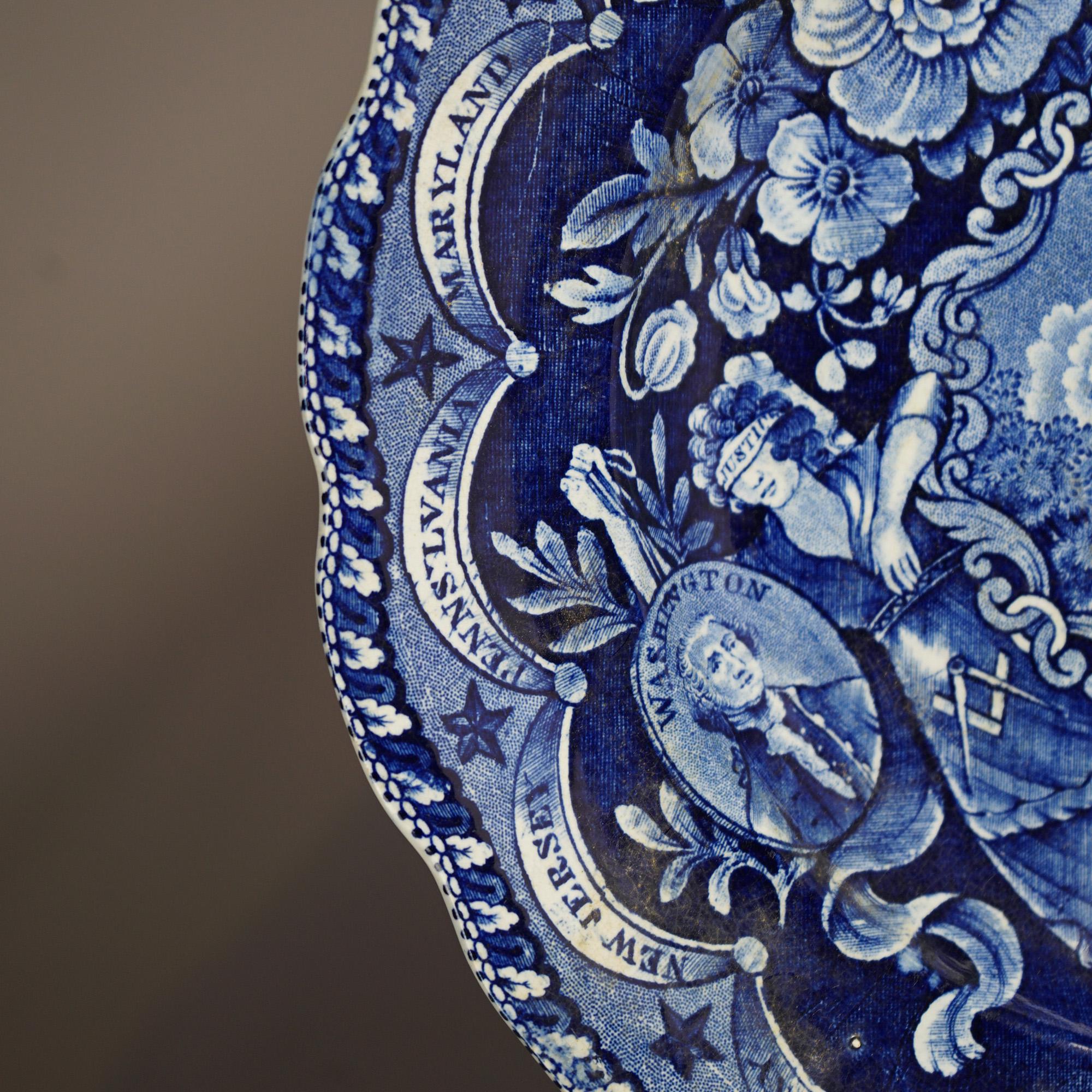 Antique US Historical Clews Pottery Flow Blue Platter 19th C For Sale 6