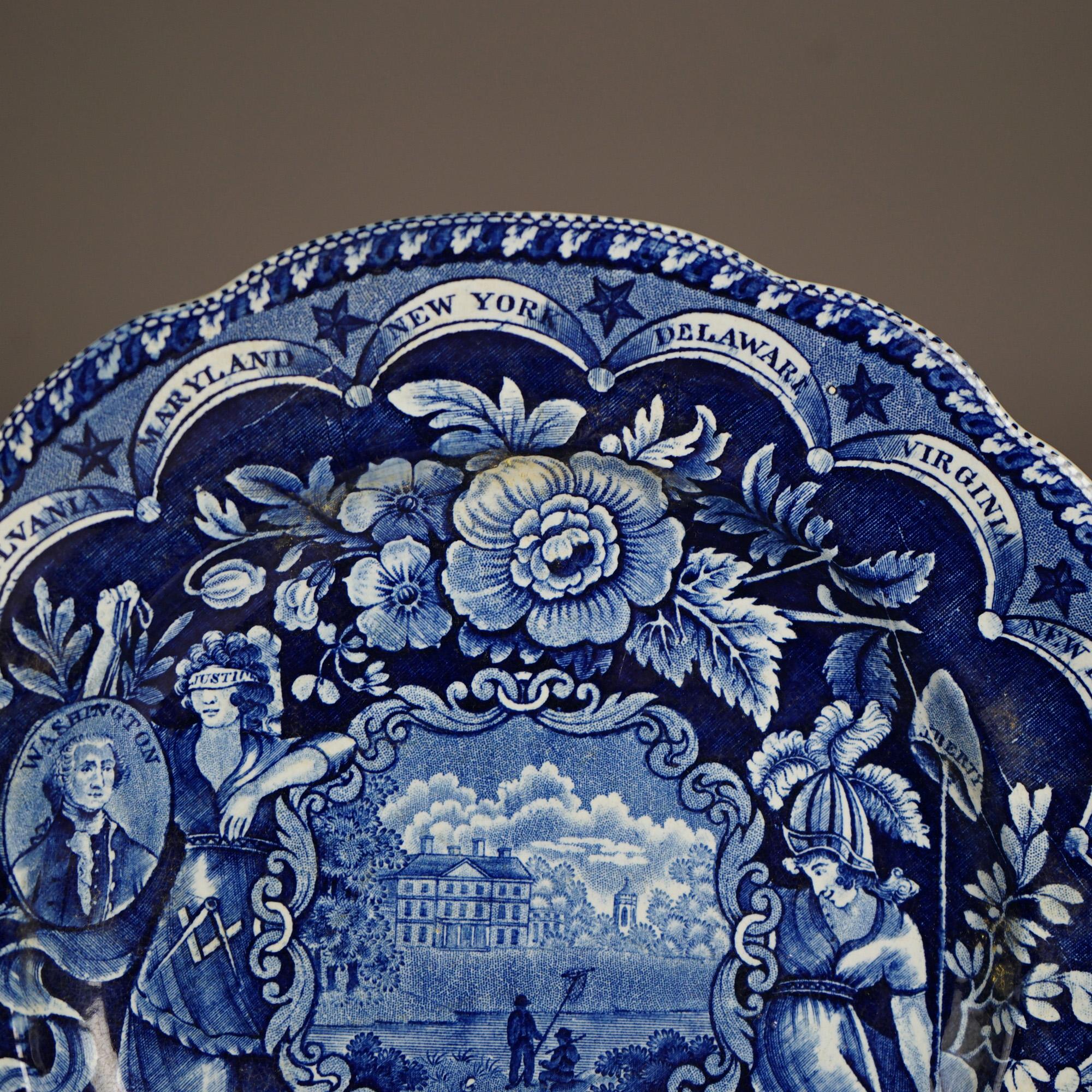 Antique US Historical Clews Pottery Flow Blue Platter 19th C For Sale 1