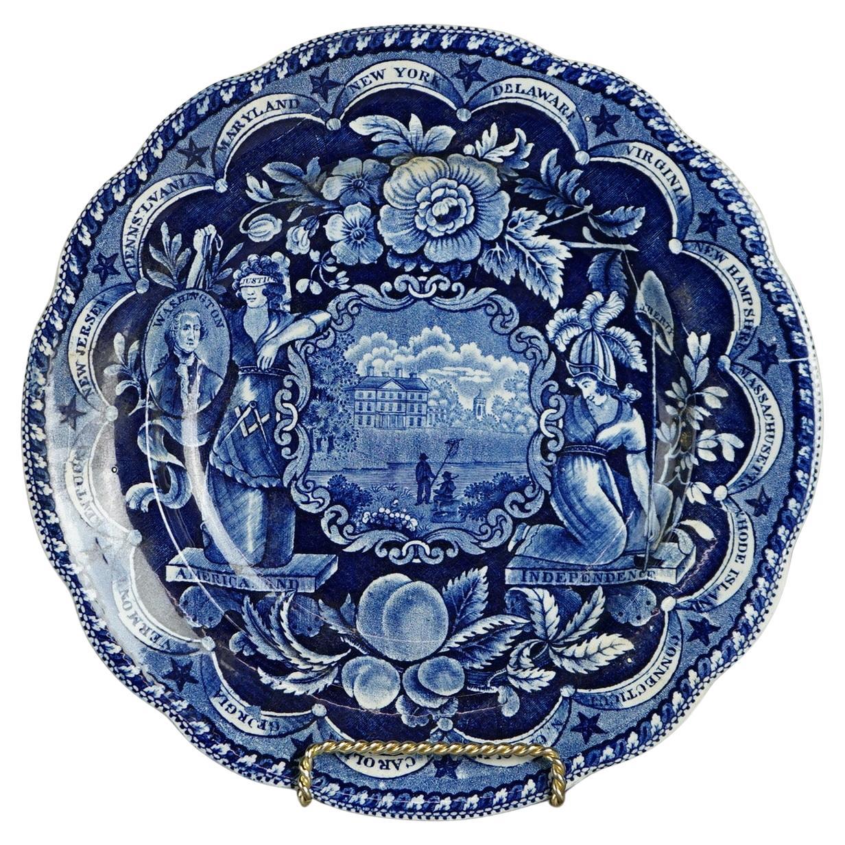 Antique US Historical Clews Pottery Flow Blue Platter 19th C For Sale