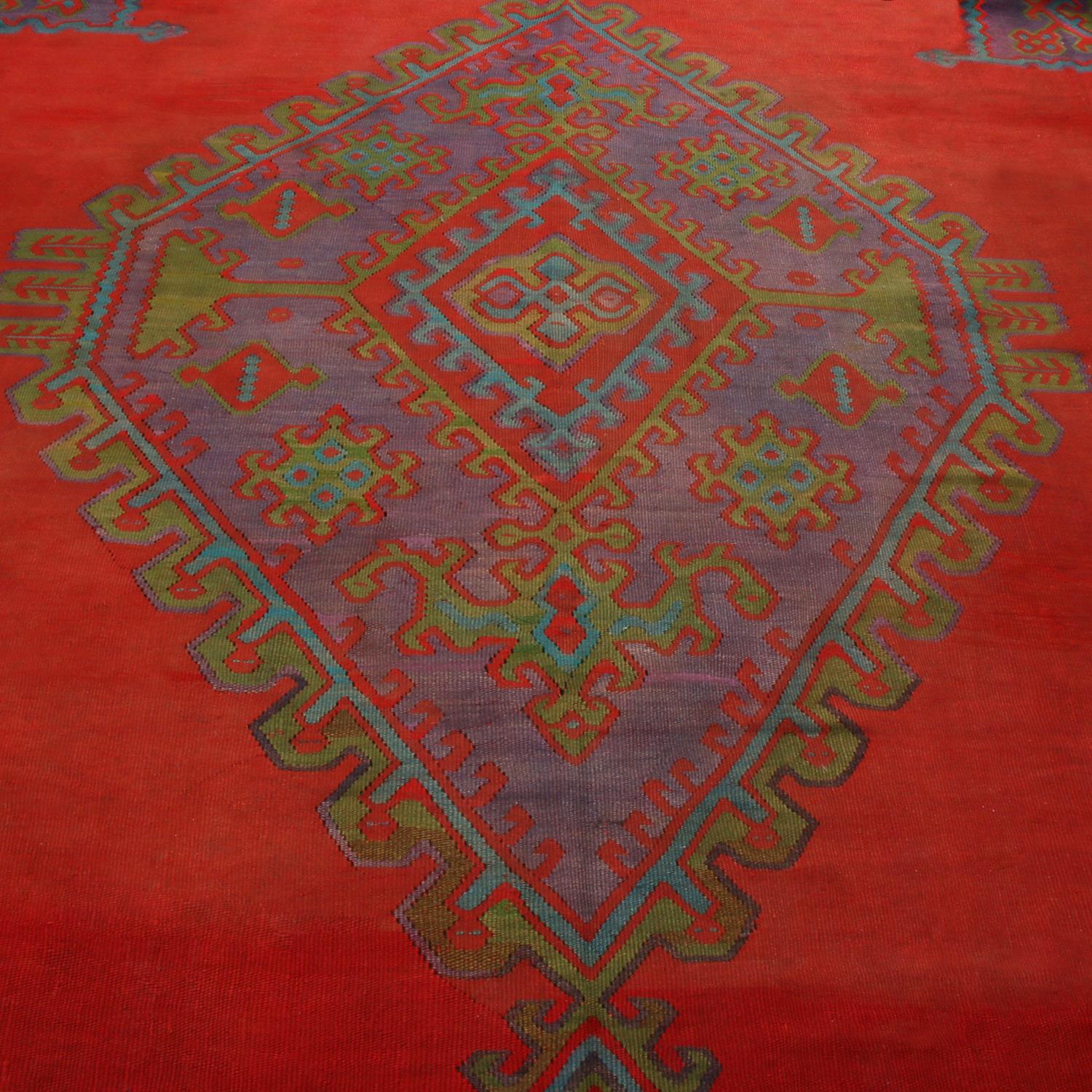 Hand-Knotted Antique Usak Red Blue and Green Wool Kilim Square Rug For Sale