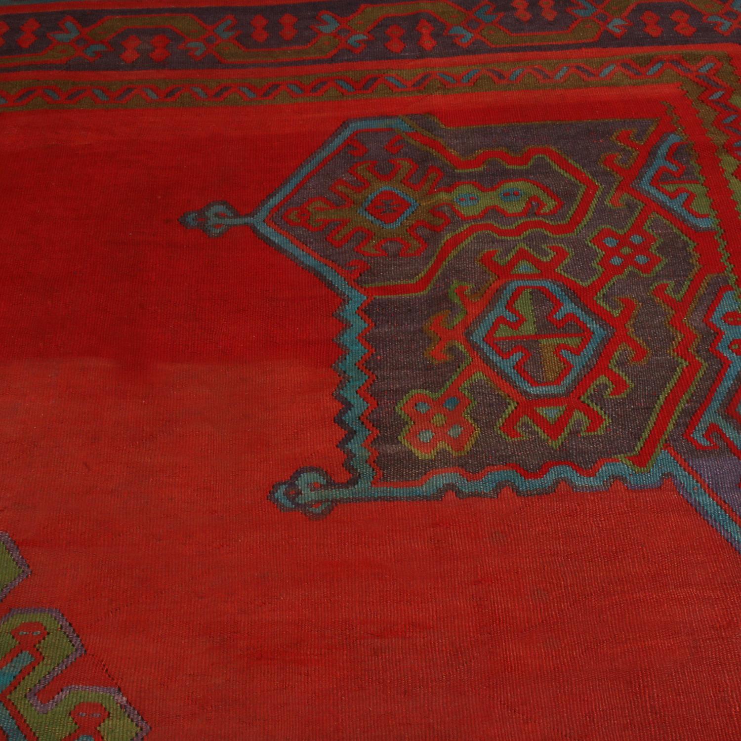 Antique Usak Red Blue and Green Wool Kilim Square Rug In Excellent Condition For Sale In Long Island City, NY