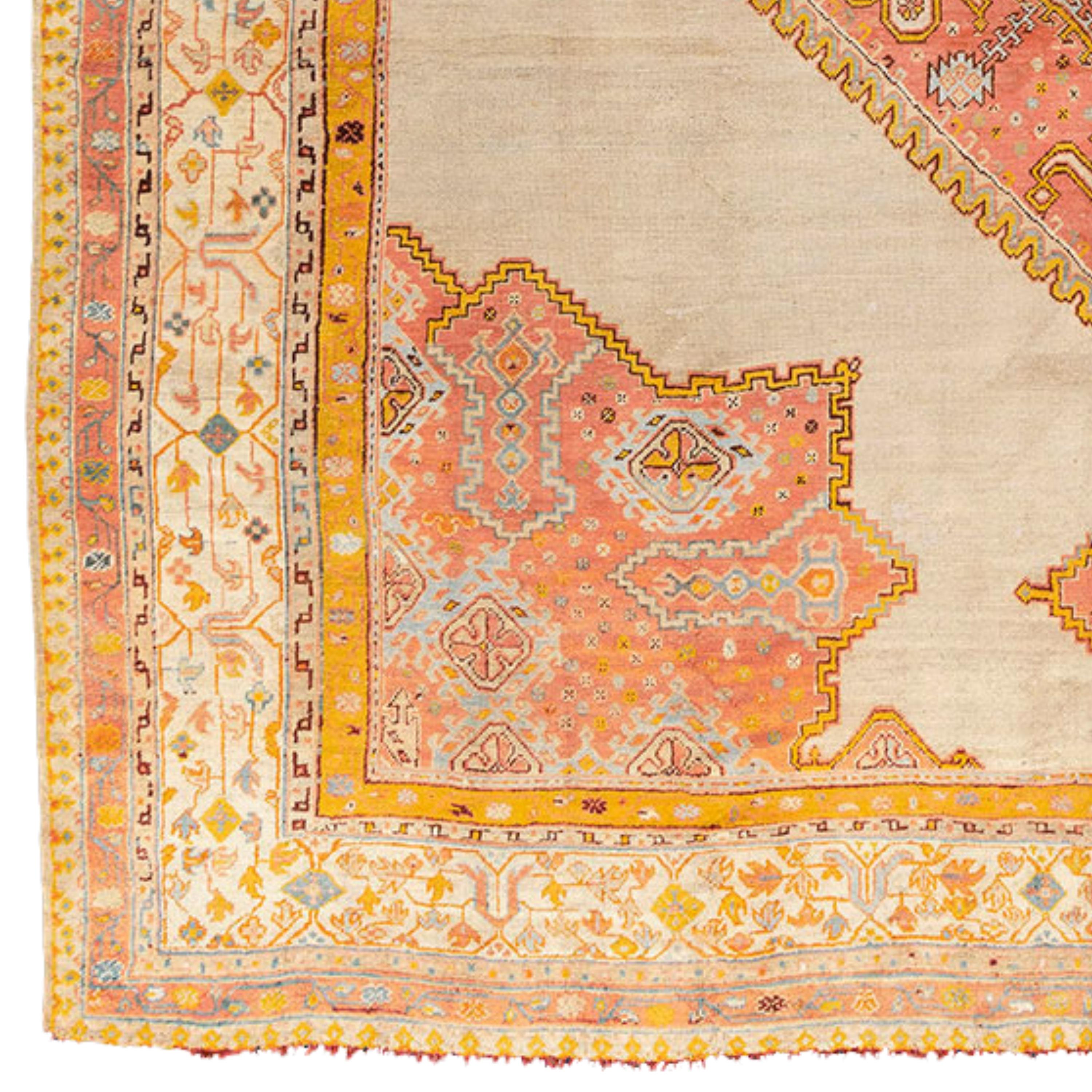 Large West Anatolia Ushak Rug Circa 1800’s

A large white-ground Ushak workshop carpet produced for export. Popular in Europa and the USA ca. 1800, carpets of this kind are usually of coarse weave. Their simply drawn designs – here including a