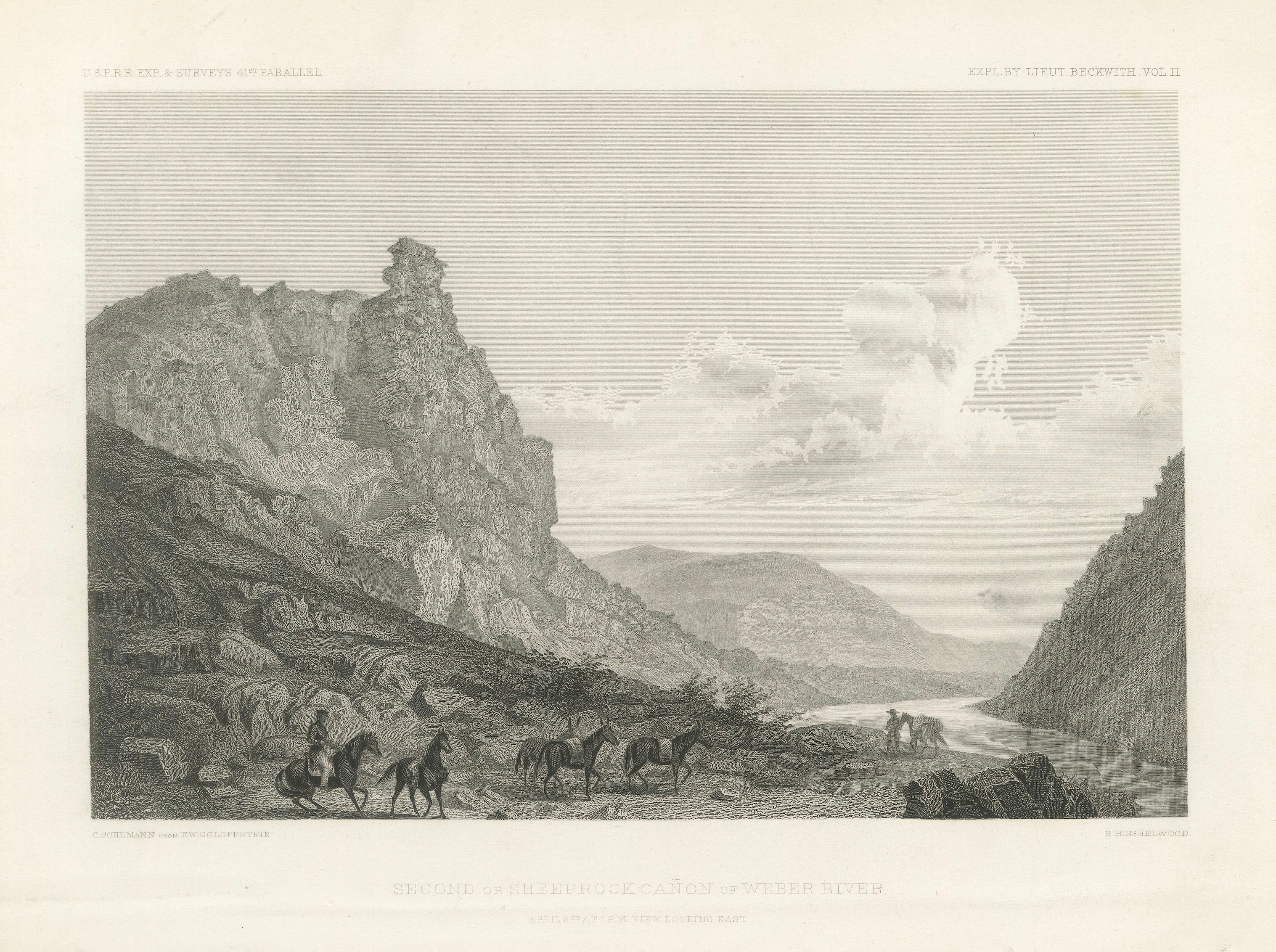 Ancienne gravure de canyon de l'Utah, vue de la rivière Weber et du canyon de Sheep Rock, 1861