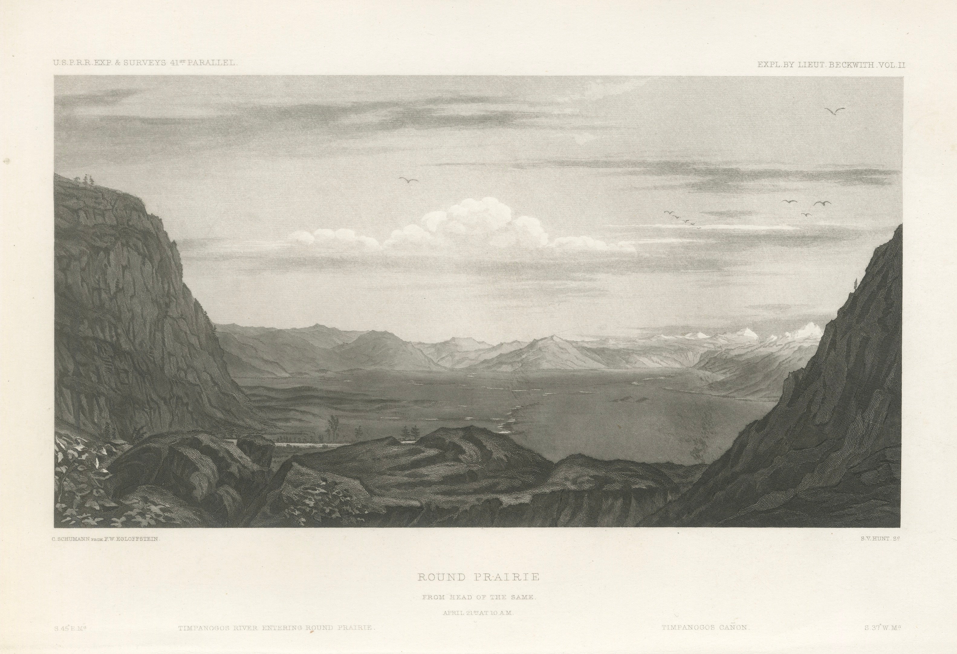 Gravure ancienne d'un paysage de l'Utah, Round Prairie & Timpanogos Valley, 1861