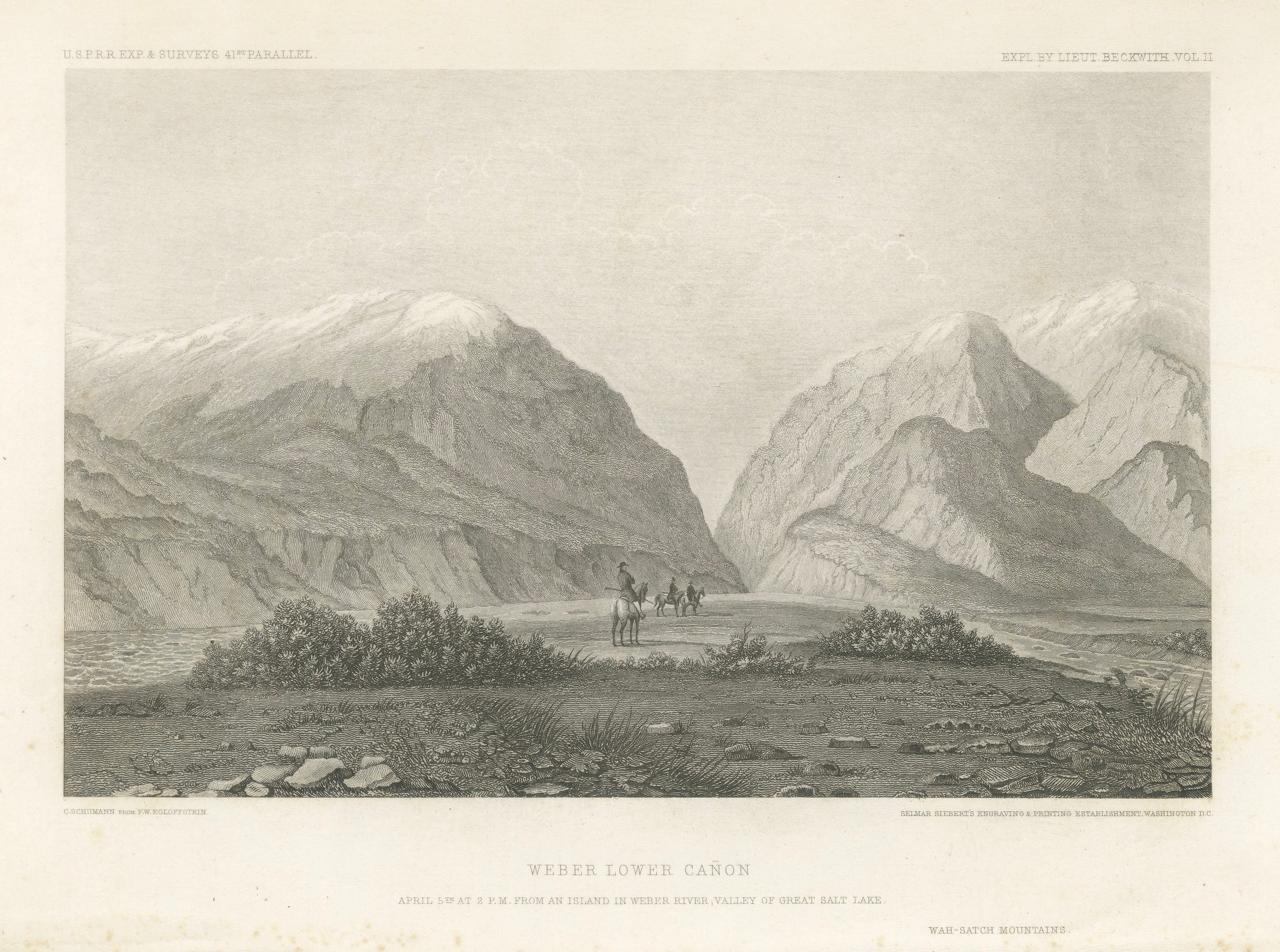 Gravure ancienne d'un paysage de l'Utah, Weber Canyon & Great Salt Lake Valley, 1861
