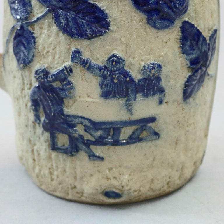 Utica White's Pottery, NY Blue Decorated Stoneware Jug, Pub Scene