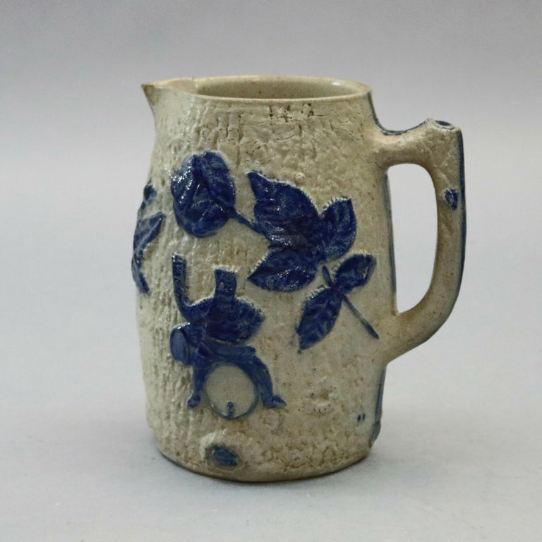 Utica White's Pottery, NY Blue Decorated Stoneware Jug, Pub Scene