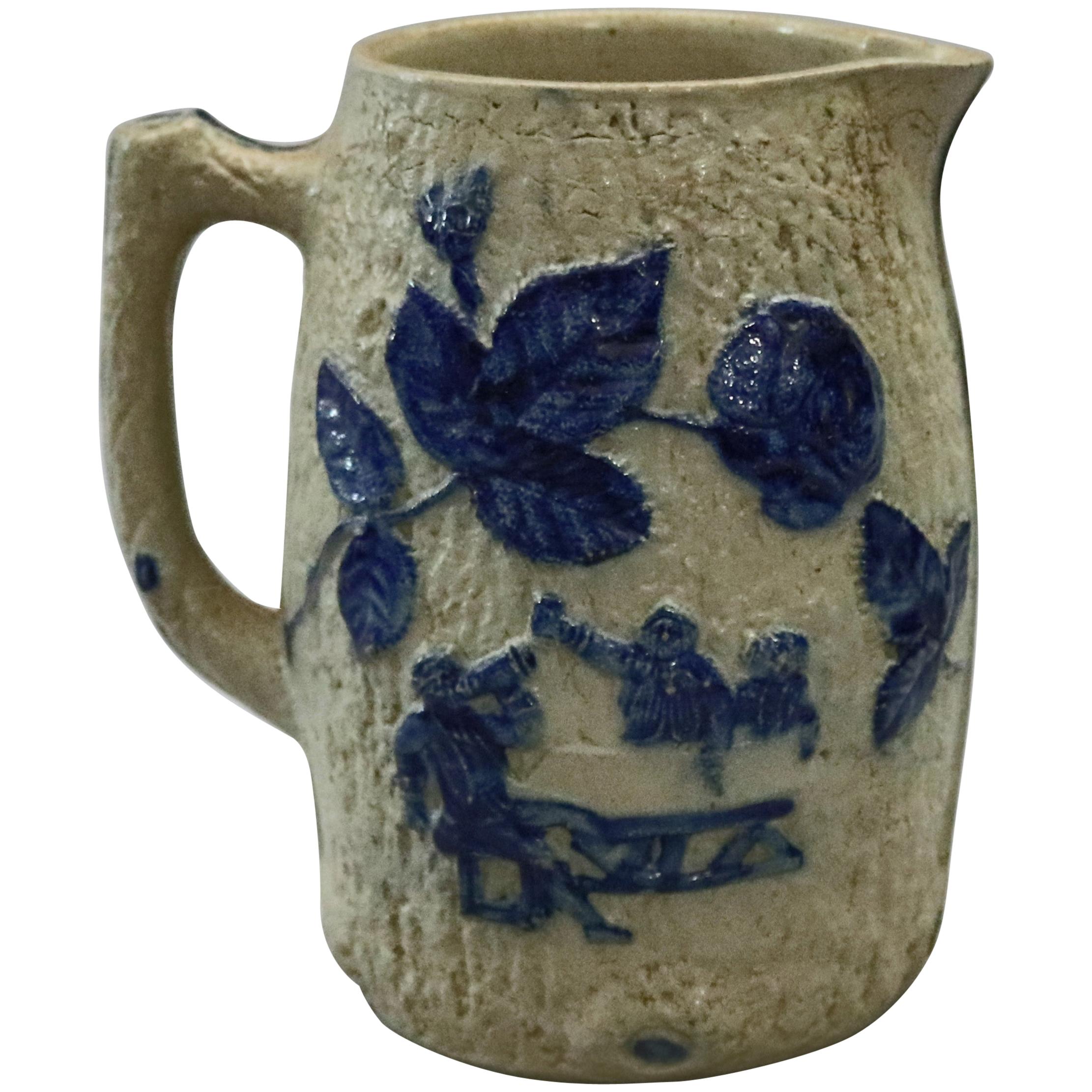 Utica White's Pottery, NY Blue Decorated Stoneware Jug, Pub Scene, circa 1880