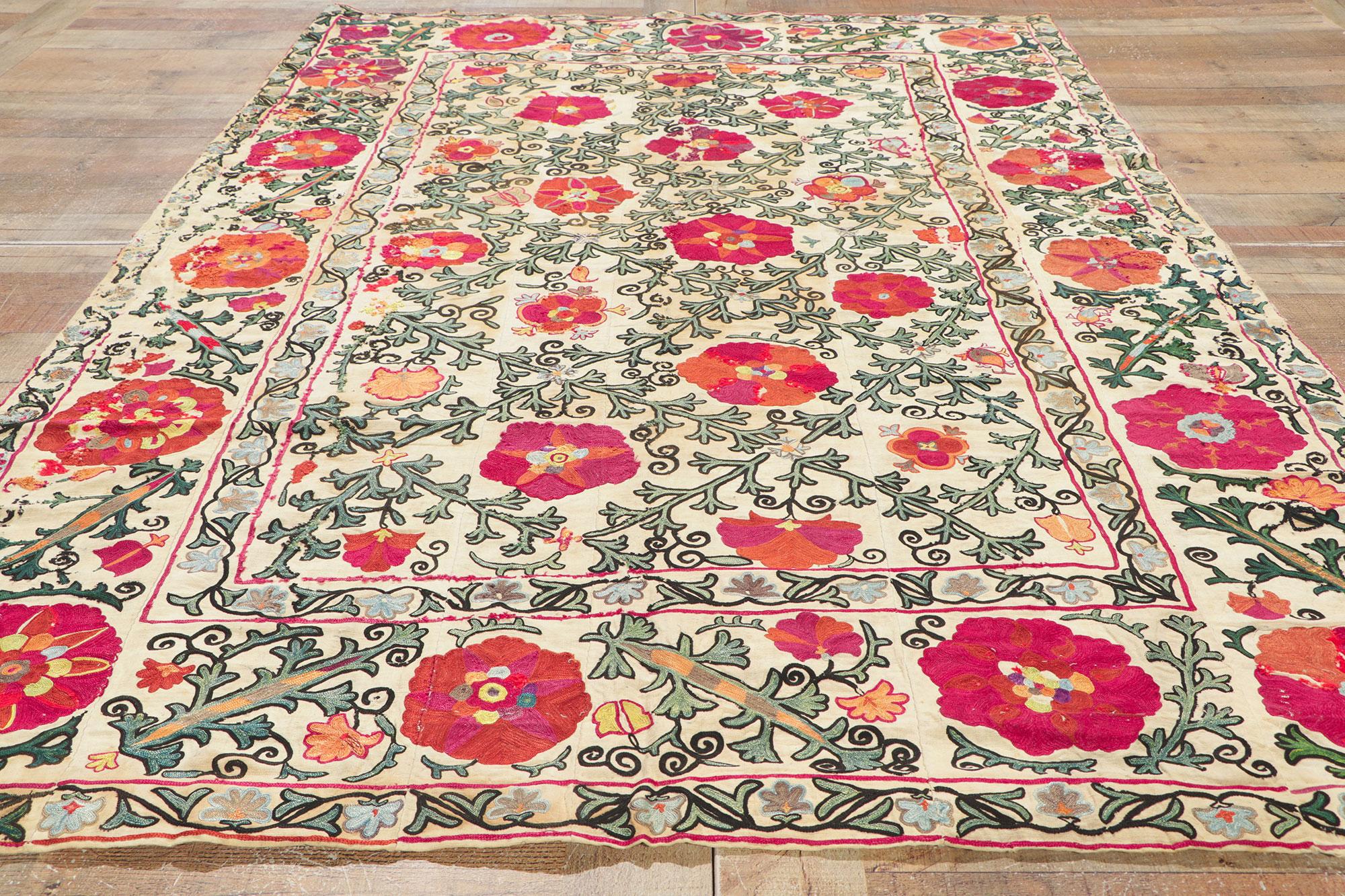Antique Uzbek Bukhara Suzani Textile, Embroidered Wall Tapestry For Sale 2