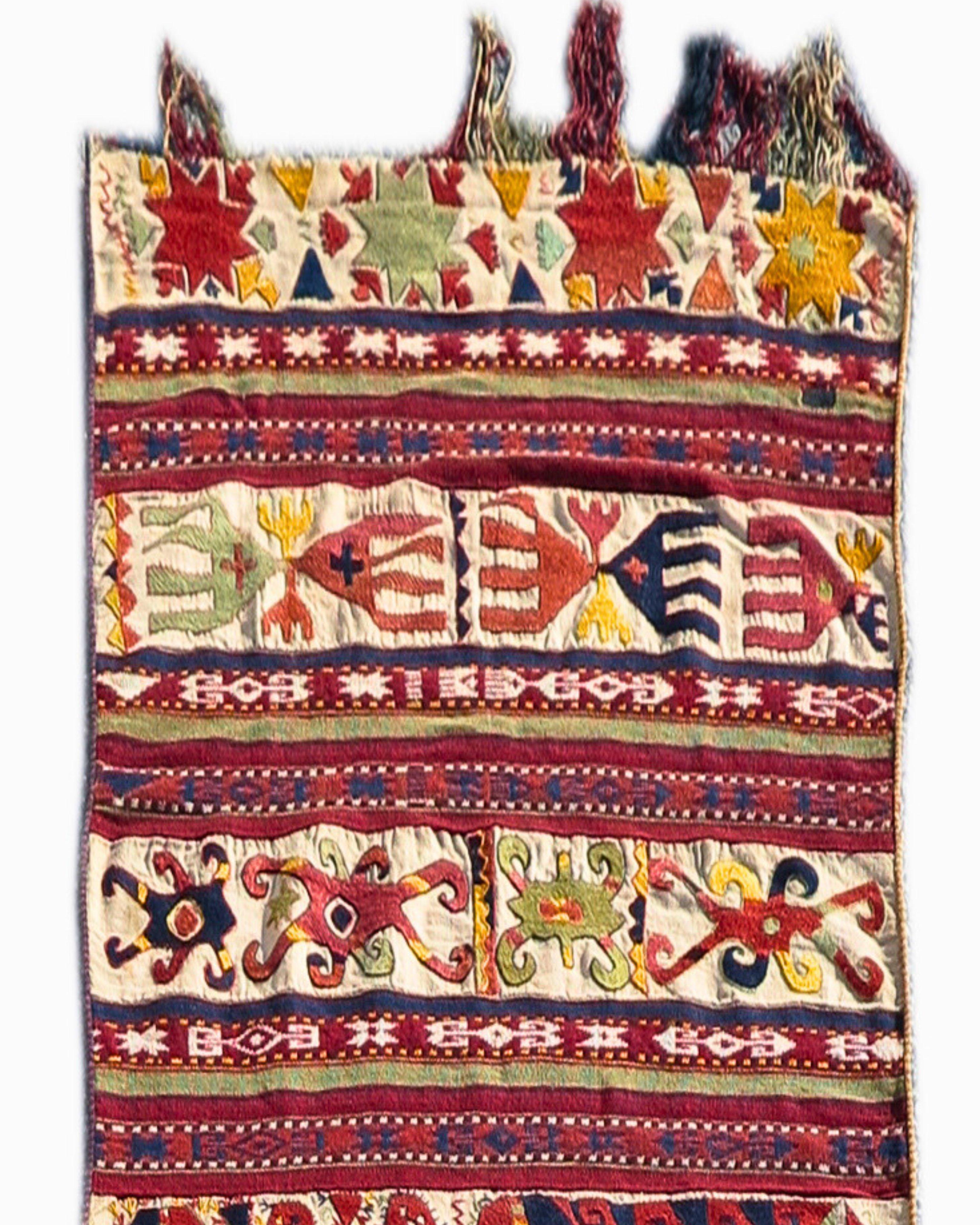Antique Uzbek Flatweave Rug, Early 20th Century

This long flatweave, composed of large bands of graphically embroidered ornament and narrower portions of weft-float substitution and plain weave, is most likely the work of ethnic Uzbek weavers